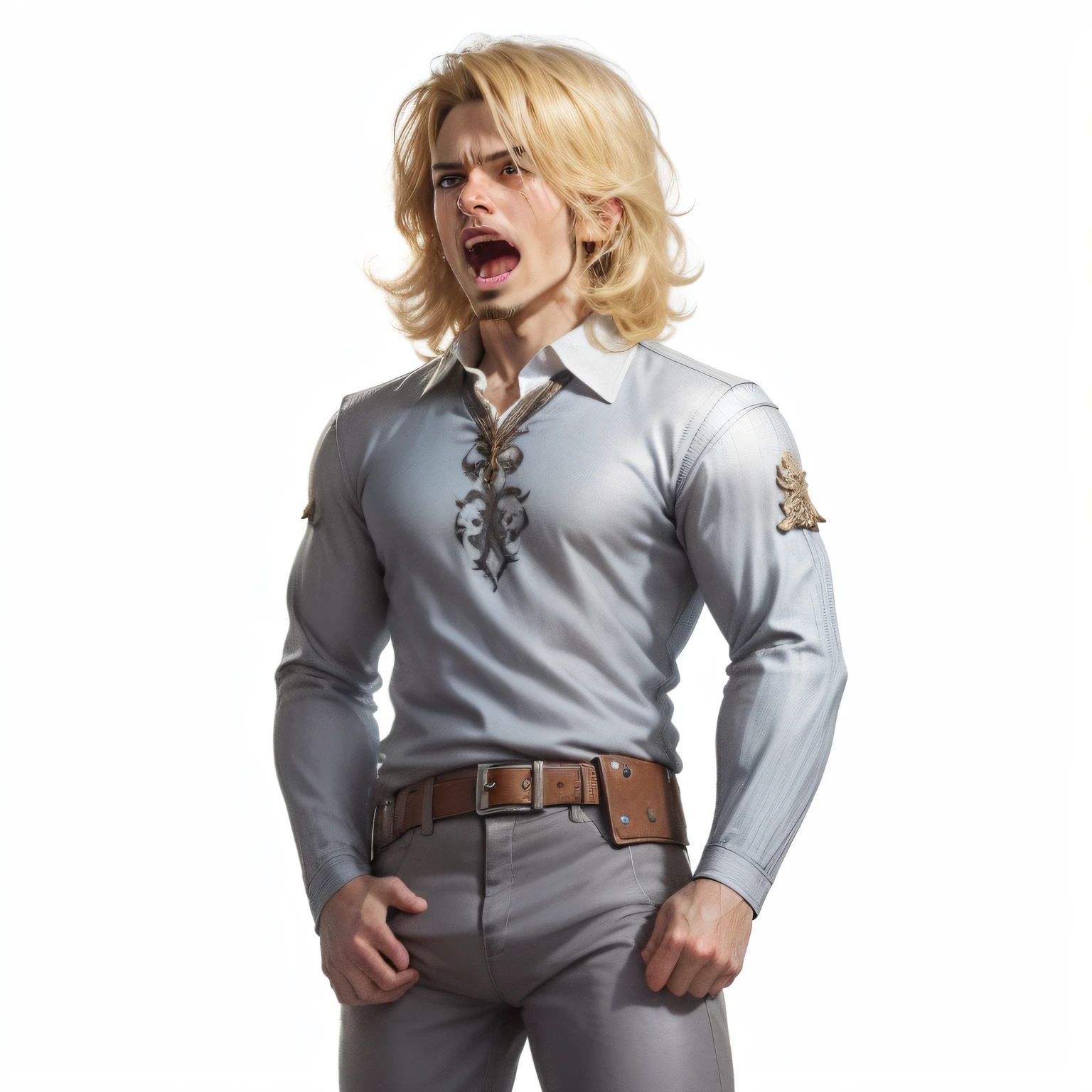A knight looking upwards and wailing with his mouth open,white  shirt、Dungeon and Dragons,DnD, Realistic and Highly Detailed Rendering Style, Dungeon and Dragons, 8K, Detailed Eyes, Perfect Eyes, Epic, Dramatic, Fantastic, Full Body, Complex design, details, dramatic lighting, hyperrealism, photorealistic, cinematic, 8k, detailed faces, dramatic photography, epic photography, full body, distant view, --auto