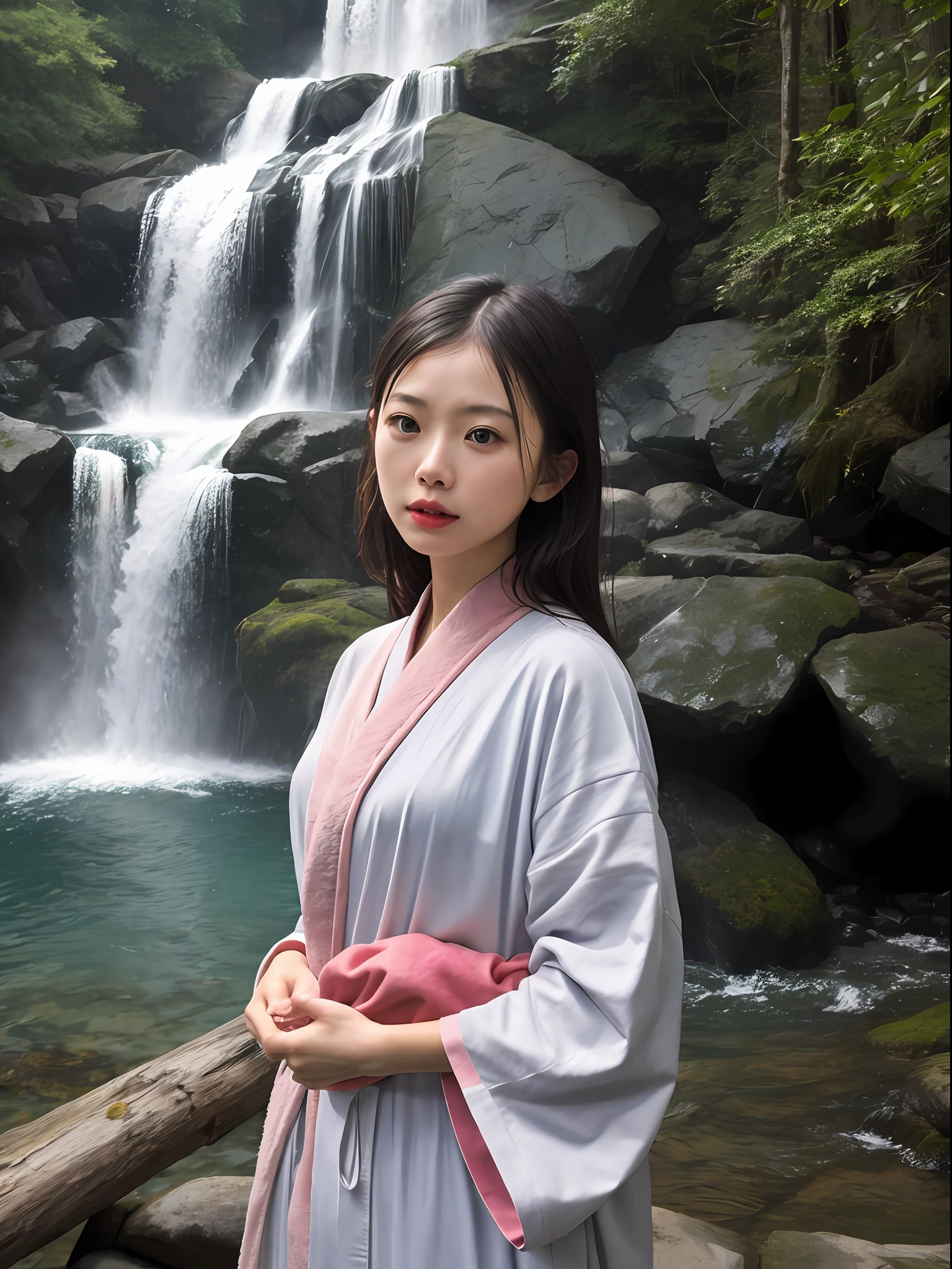 a baby wearing an asian robe infront of a waterfall,in the style of expressive facial animation,Old memes,Made of rubber,greys,youthfulenergy,historicalreproductions,Subtle colors