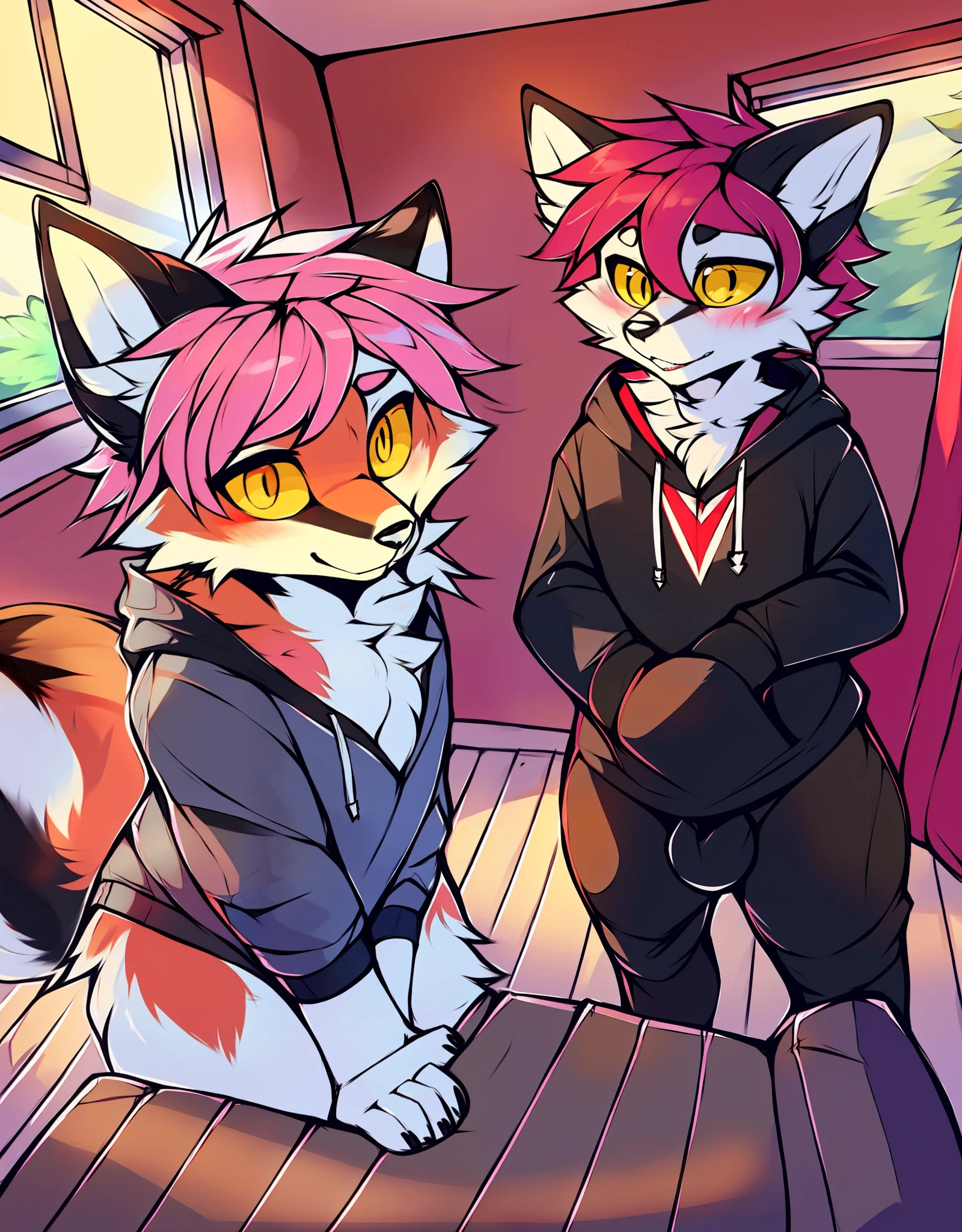 author:zackary911, (kawa:1.1), e621, Dog-1, red fox, Humanity, femele, 独奏, Skinny black hoodie, furred, A body has three heads,Look upwards into perspective, Perspective from childhood, (He was looking down at the small), curved thighs, enormous thigh, Fox with triangle details, Black outfit with red detailing V-neck, Fox with very brown ears, Yellow eyes,sixpack abs,colours,Yellow left eye,The right eye is pink,limp,Pink hair,Fox details on the body,with no underpants,Reveal ,by Zackary911,(Coffee soda:1.1),Hioshiru,Zackary911,red fox,Humanity,femele,独奏,tight black hoodie clothing,furred,One body has three heads,Look up and see,Perspective from childhood,(He was looking down at the small),curved thighs,enormous thigh, Fox with triangle details, Black outfit with red detailing V-neck, The fox's ears are yellow, blue gray, Yellow left eye, The right eye is pink, limp, Pink hair, Fox details on the body, with no underpants, Slum Brazil in window background, Black ears in her pink, Feminine and masculine scene bisexual style, Clothes written by girls,Brazilian,Brazilian,Exposes 32 cm。