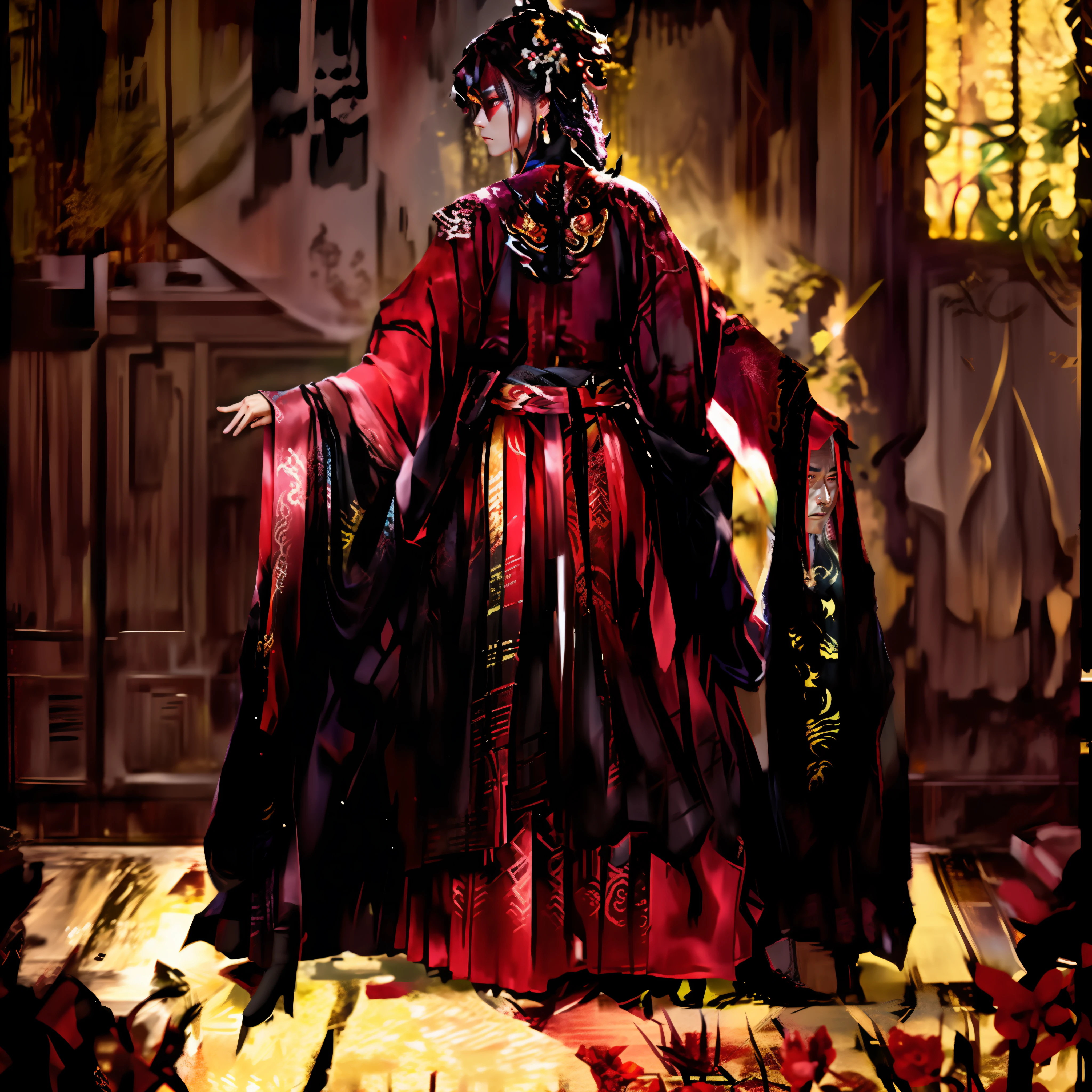 In the old mansion,A man in Hanfu(1人),Long hair shawl,Red pupils,(black dragon:1.2)Wrap around the back, (masterpiece), 8K Ultra HD picture quality。