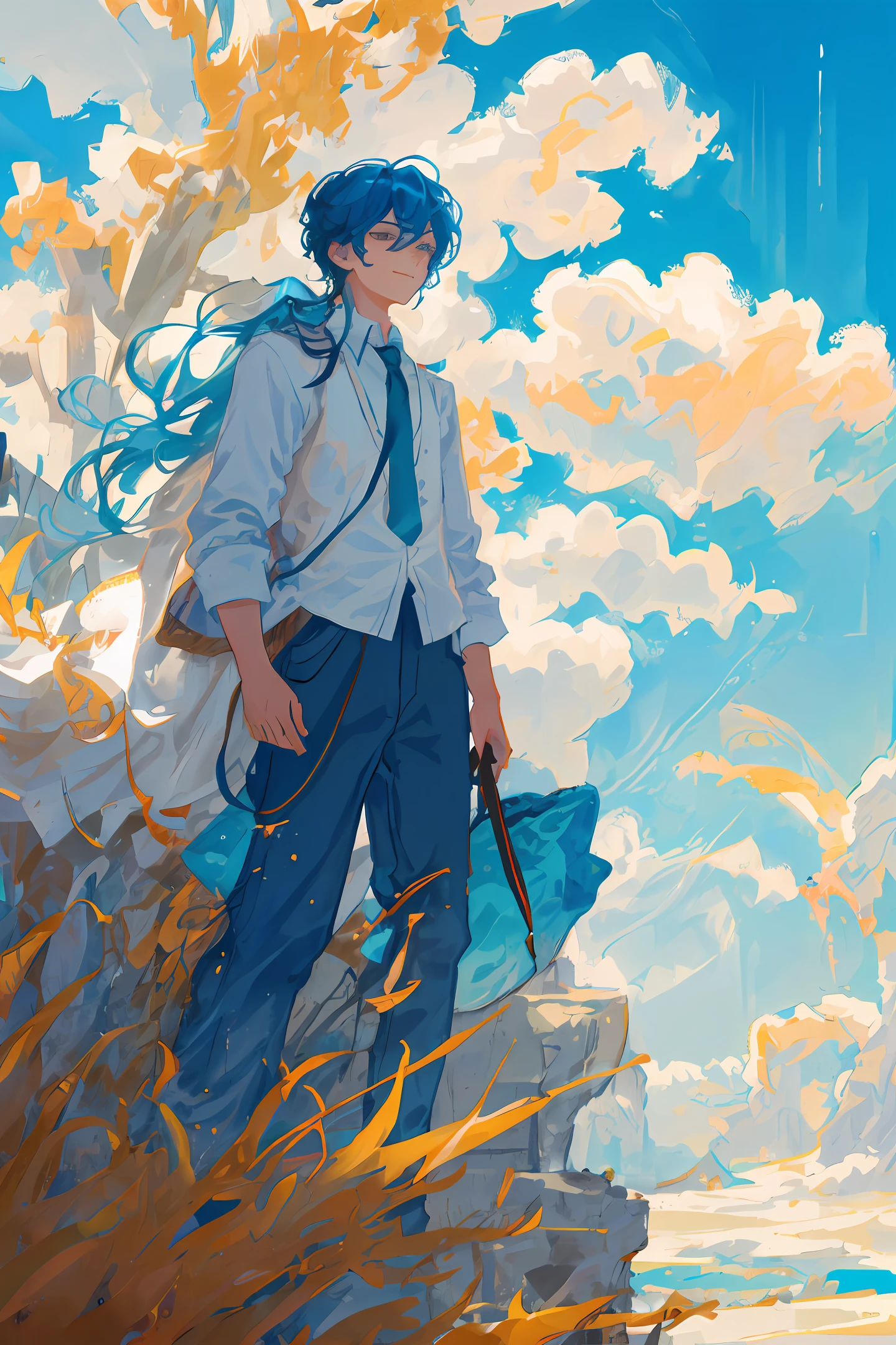 A fifteen or sixteen-year-old young and energetic boy with sleepy eyes Standing on the left side of the magnolia flower, wearing a blue and white school uniform, his face is full of sunlight, brown hair, there is a gentle smile on his face, his posture is tall, his face is fair, he is handsome, and the picture is dominated by boys