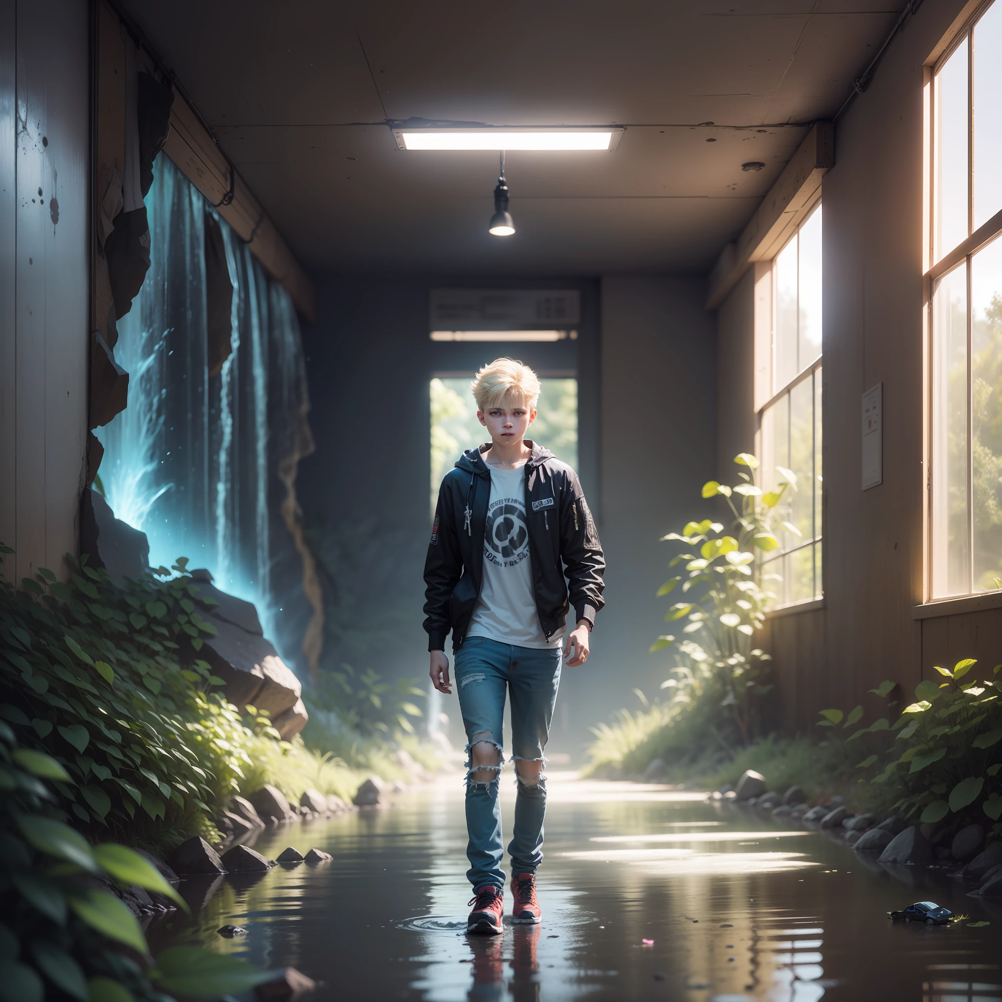 An 18-year-old blond boy walks through a waterfall,Sublime,Cybergrunge,conceptual design,Analog photography,Role modeling,Lo-fi,Stickers,Aquamarine color,Hackercore,Soft lighting,Surreal complex details,Fine and meticulous,Automotive interior design,Octane rendering,8k