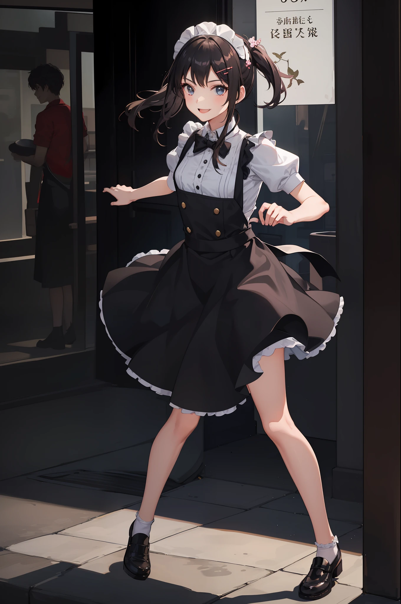 1 girl, smiling, skirt, (small) chillerism, dress, apron,,,,,,、 maid,,,,,,,,、 hair ornament, running briskly,