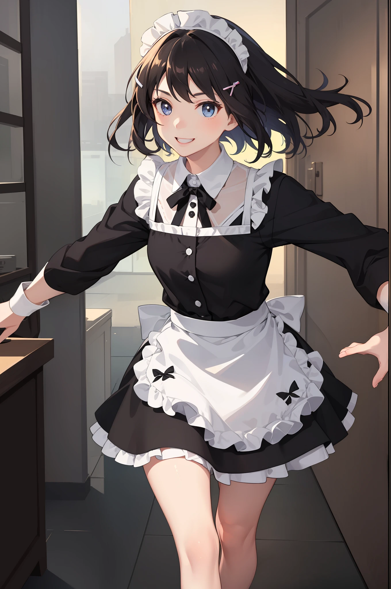 1 girl, smiling, skirt, (small) chillerism, dress, apron,,,,,,、 maid,,,,,,,,、 hair ornament, running briskly,
