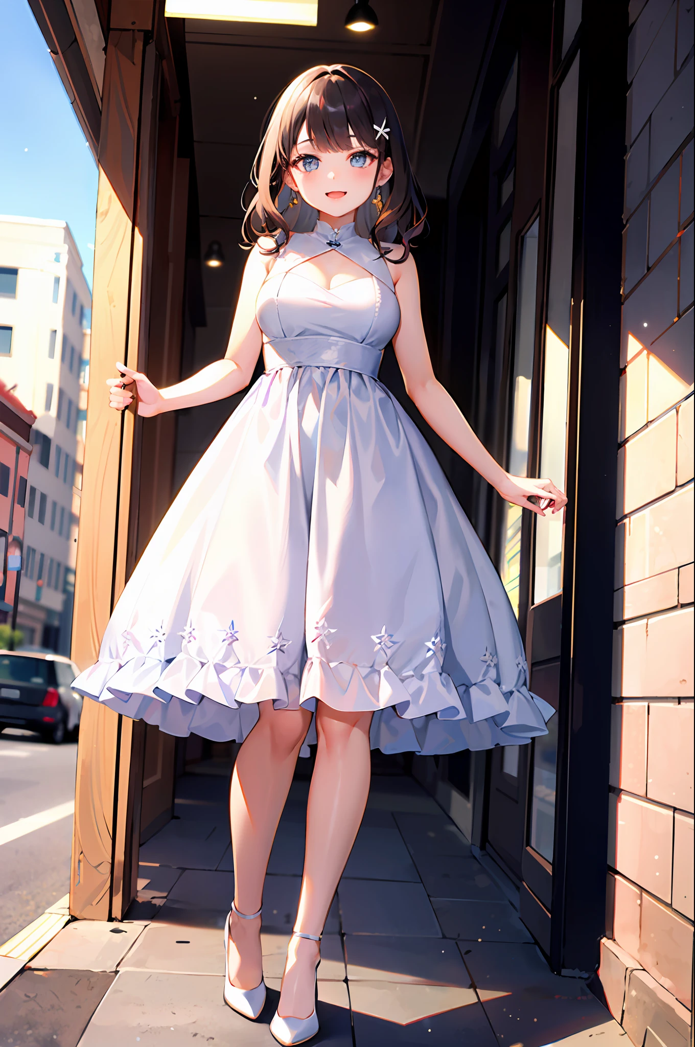 (morning), 1girl, 独奏, looking at viewert,(white dresses:1.2),Impeccable,prette,Excellent figure,夏天,Cowboy shooting,(downtown area),Cowboy shooting,ssmile,brunette color hair