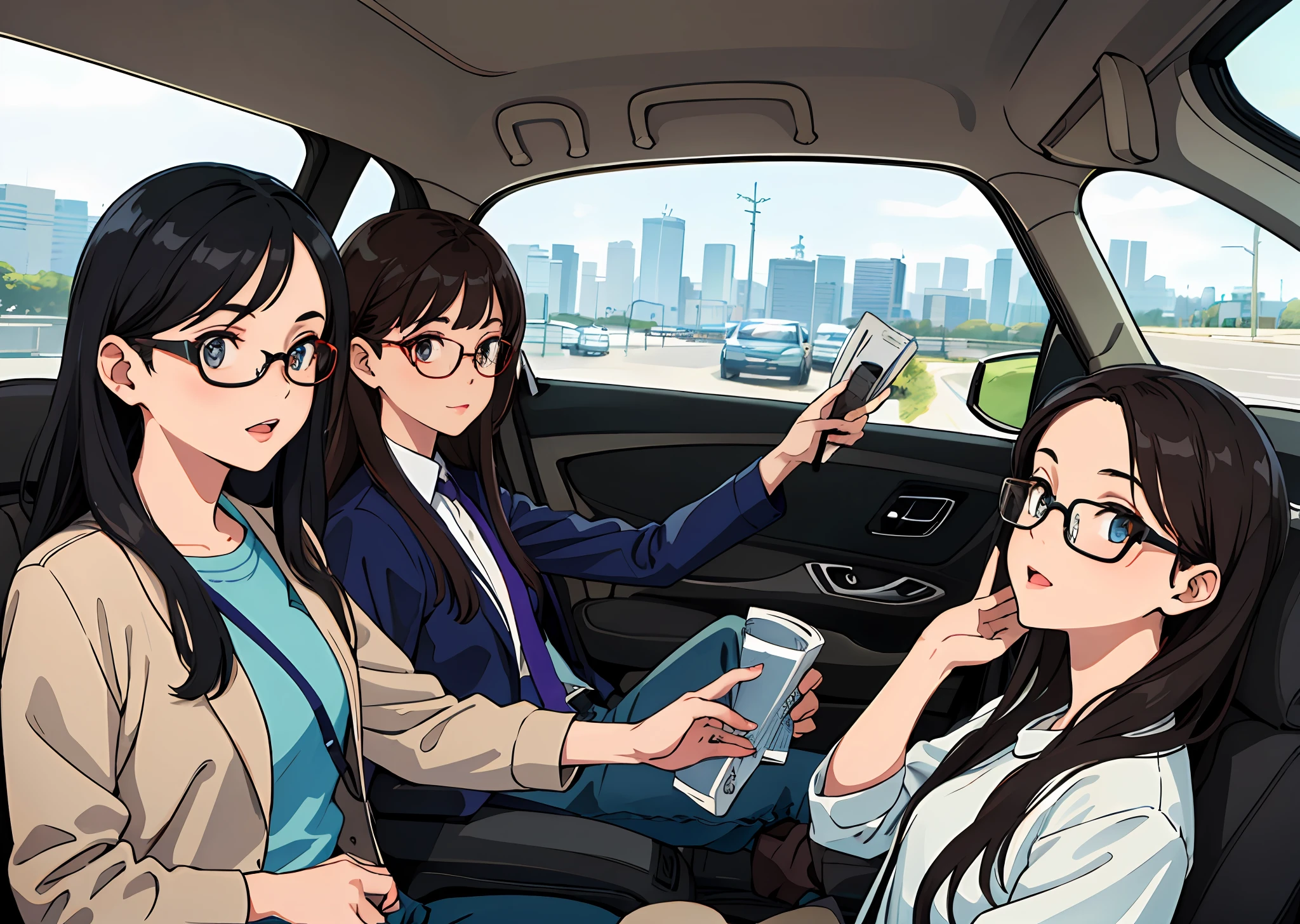 (Ultra detail), ((realistis)))2Girl,, In the car, driving In the car,, driving,Glasses,,