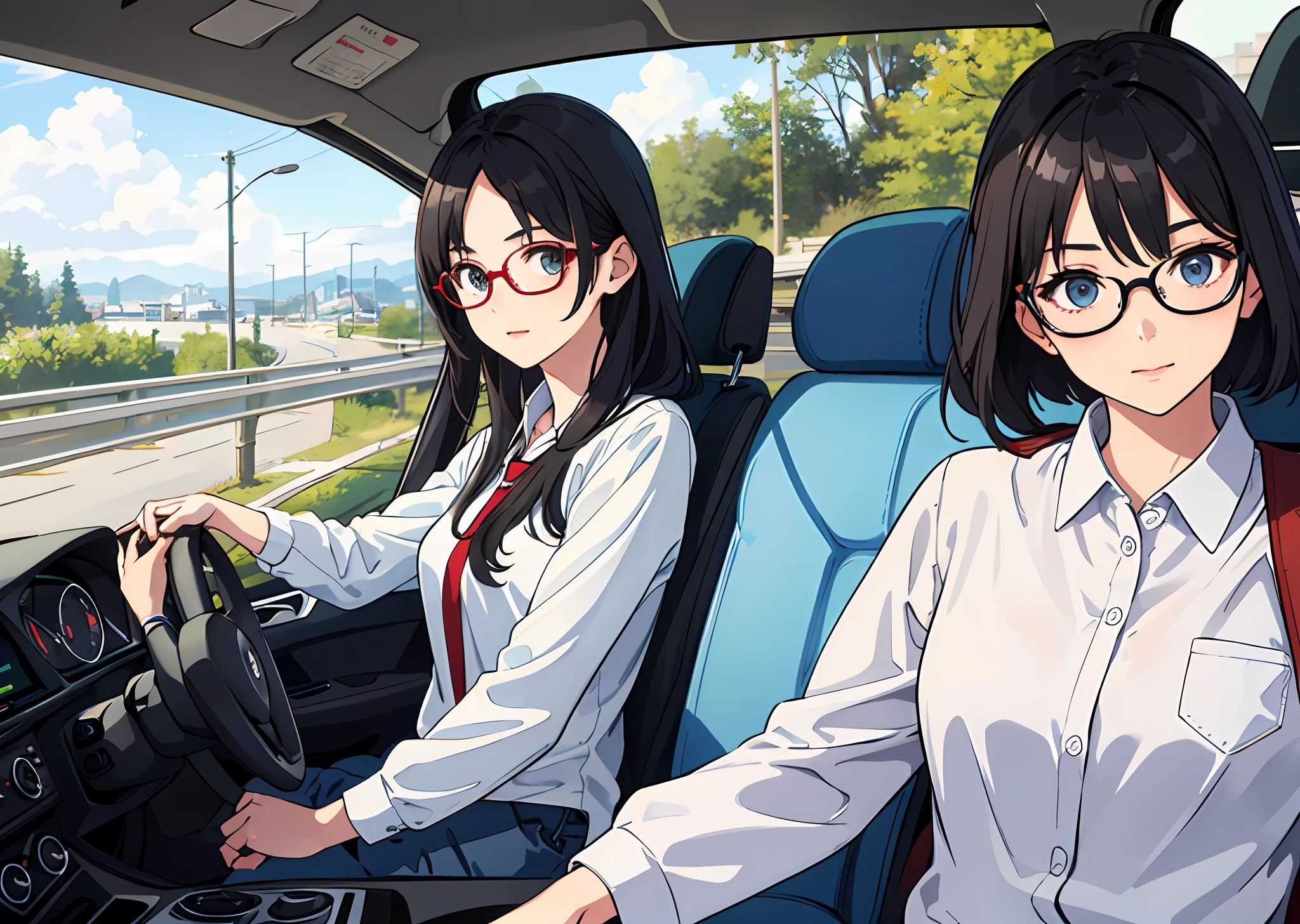 (Ultra detail), ((realistis)))2Girl,, In the car, driving In the car,, driving,Glasses,,