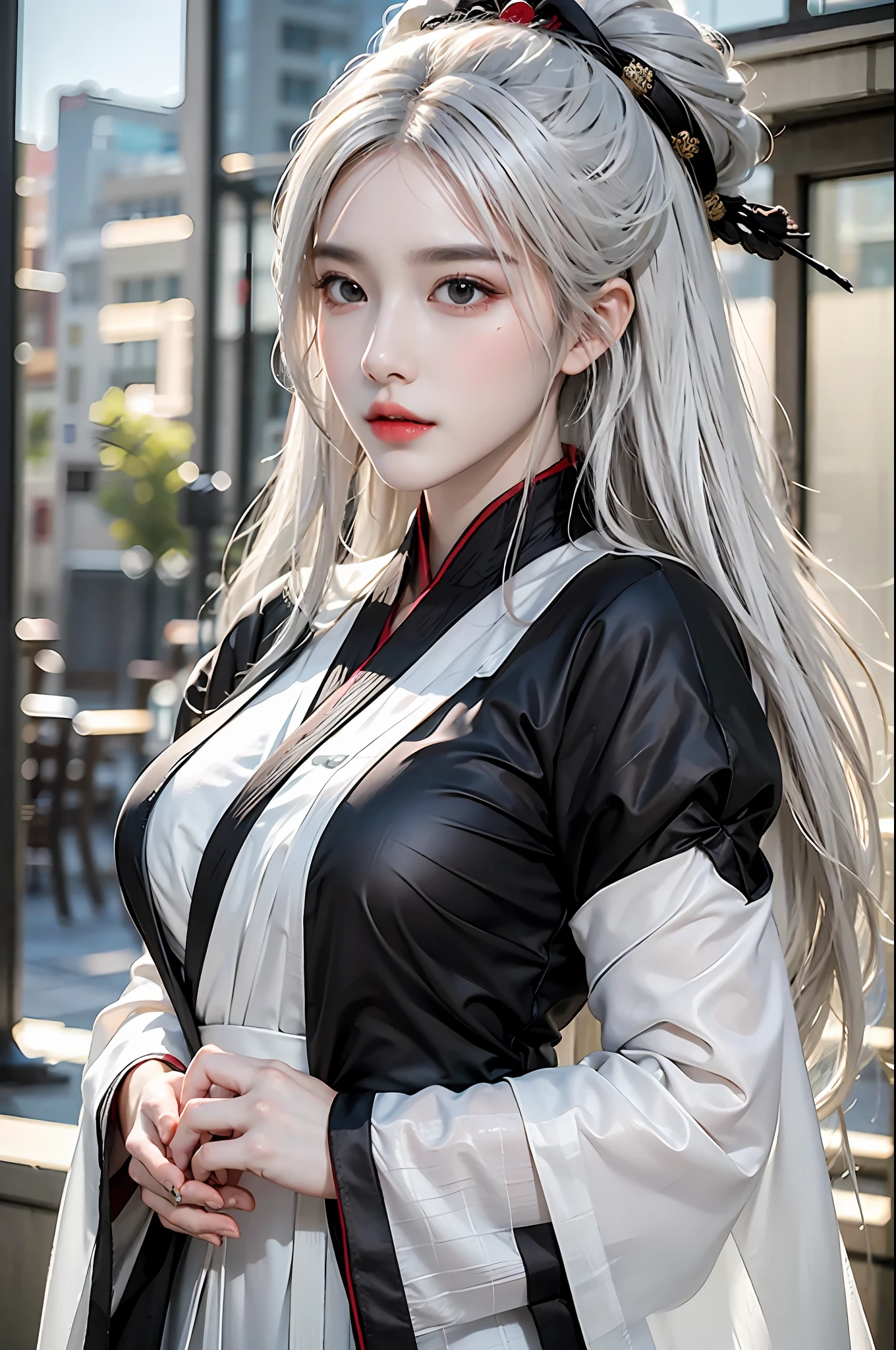 photorealistic, high resolution, 1 girl, waist up, white hair, Long Hai, black eyes, chinese style, hanfu, normal breast