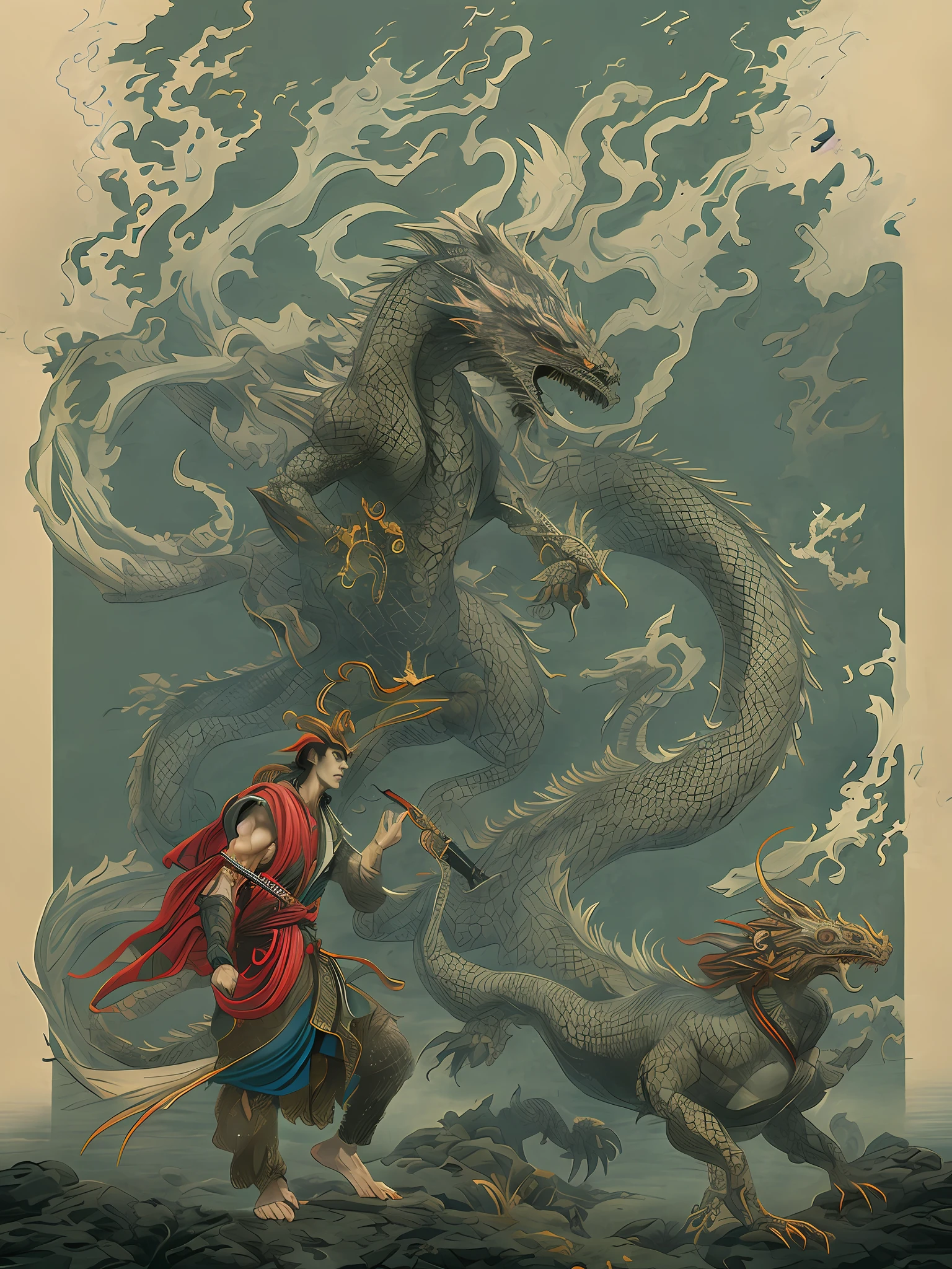 A man with a sword and a dragon,Beautiful male dragon man,mohrbacher,Inspired by Shunkōsai Hokushu,In the artistic style of Morebach,asura from chinese myth,the god of chaos,Inspired by Ryūkōsai Jokei,Style Peter Molbach