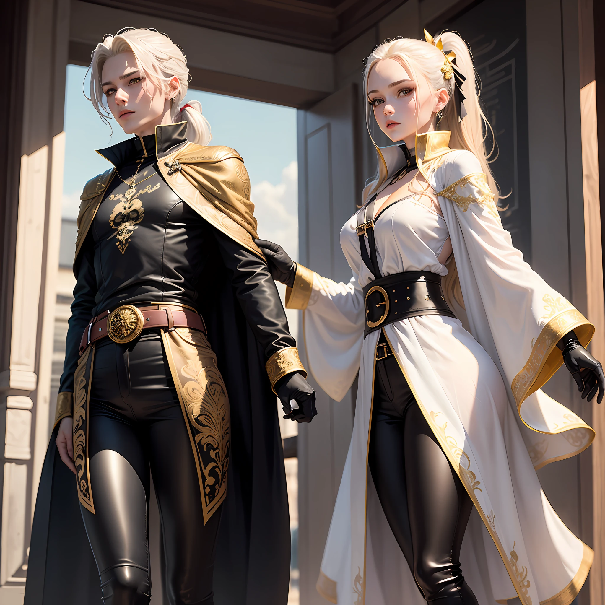 Jean's pupils are gray-purple,Her long blonde hair was combed into a ponytail,A bow is tied at the back,Two bouquets of gold hang down from the sides of the face。Wear clothes whose main color is white,With gold ornamentation,A black leather swallowtail cloak is attached to the back and waist,Hang all the way to the calf。He often wears a shawl with a black outside and a gothic standing collar,A belt with gold accents hangs diagonally from the waist。He wears white sleeves and long black leather gloves on his hands。The lower body is wearing a pair of white tight trousers and white boots,All are embellished with gold patterns --auto