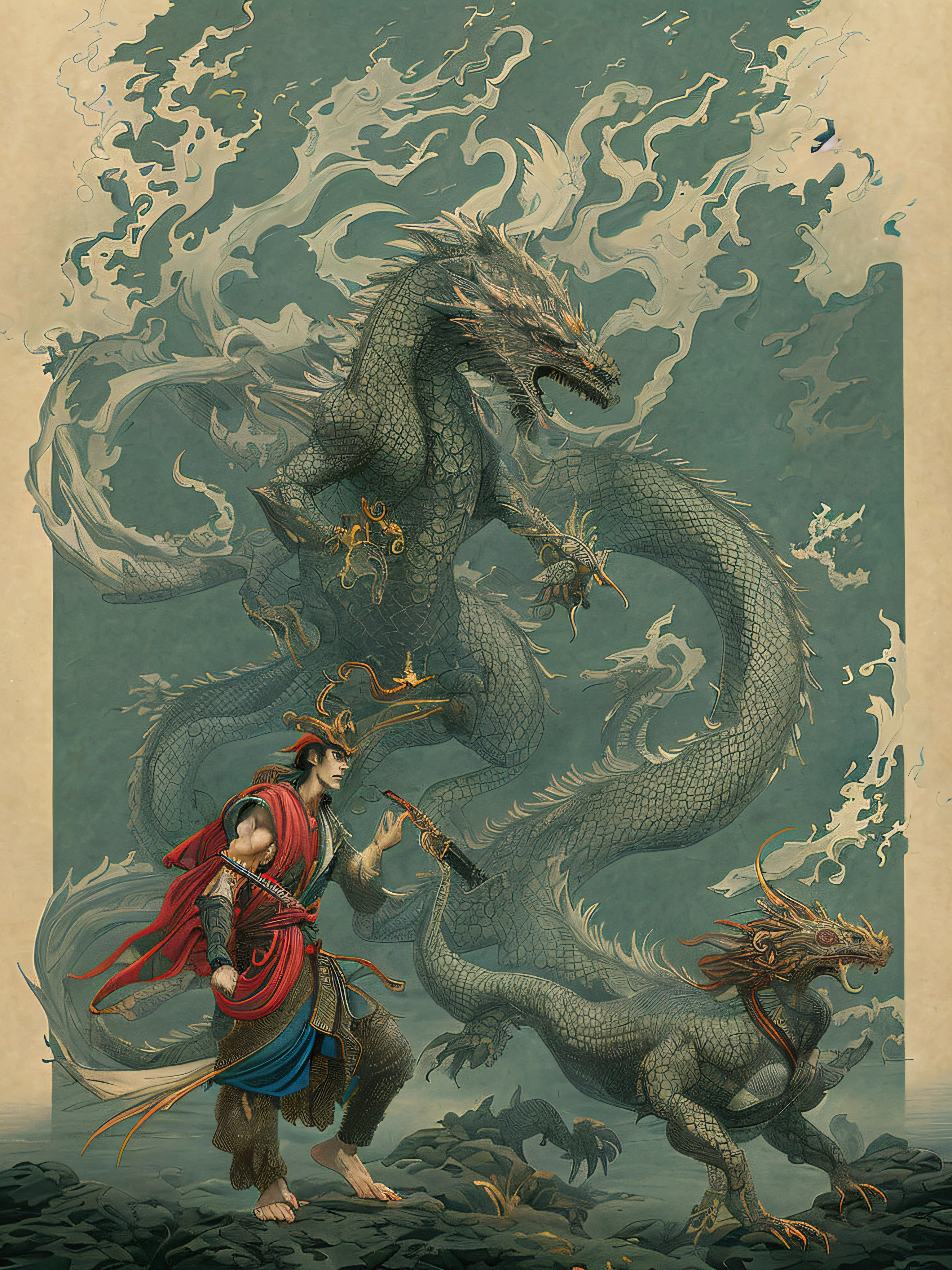 A man with a sword and a dragon,Beautiful male dragon man,mohrbacher,Inspired by Shunkōsai Hokushu,In the artistic style of Morebach,asura from chinese myth,the god of chaos,Inspired by Ryūkōsai Jokei,Style Peter Molbach
