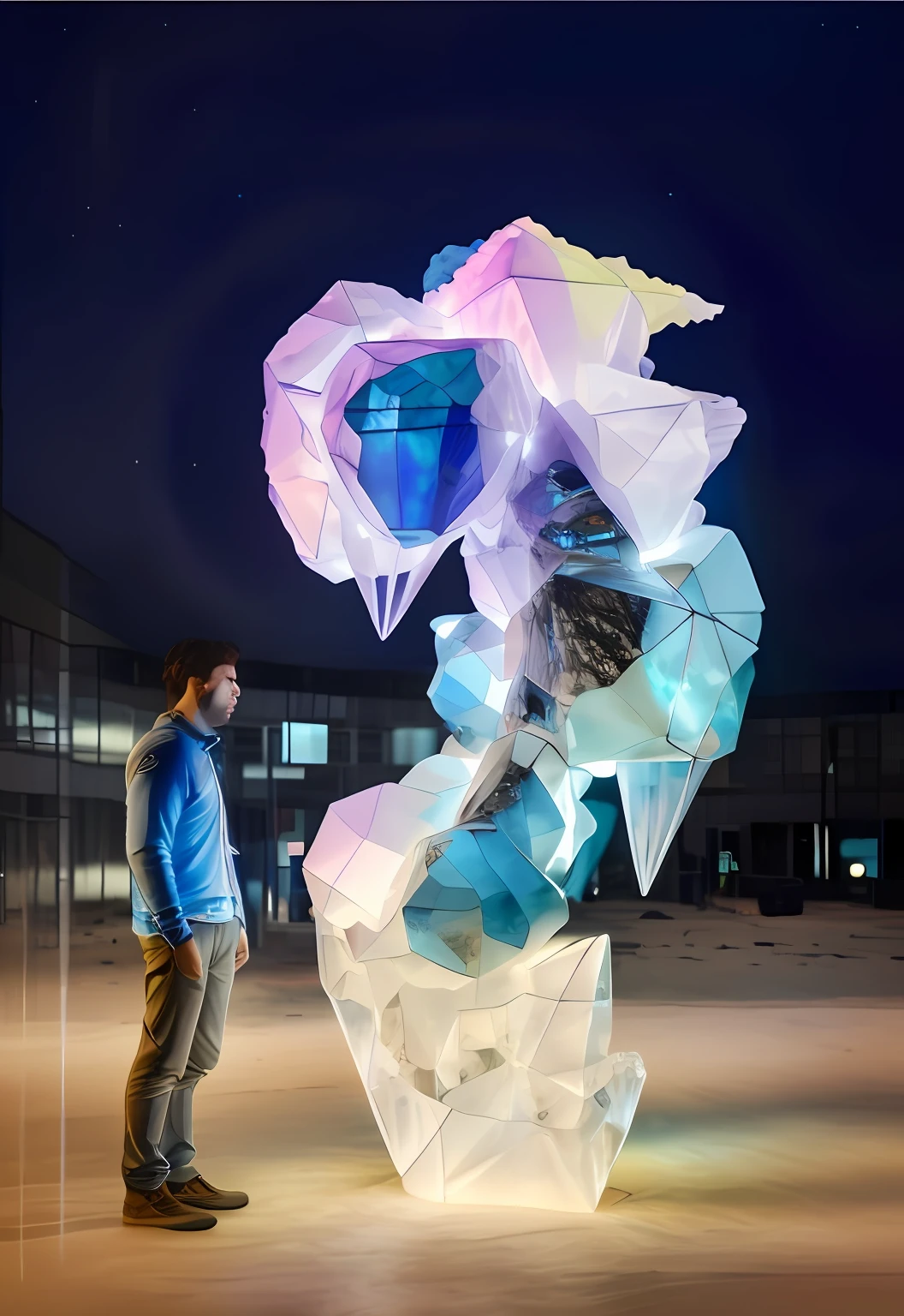 There is a man standing next to an interactive installation sculpture, large translucent art statues, digital sculpture, interactive art, statue made of glass, colorful detailed projections, Huge hologram, with 3 d render, with 3d render, colored projections,Electronic screen and crystal combined,Bioluminescent hypercube, hero pose colorful city lighting