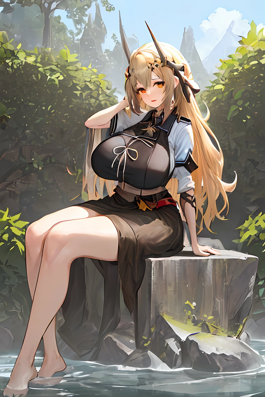 (Ultra Quality,Masterpiece,Ethereal:1.4)nagatiti(Gigantic Breasts:1.6)(hanging breasts: 1.5)(breasts squeeze: 1.3)(bimbo 1.4)(Disproportional Tits: 1.4)(Realism:1.2)(Realisitc:1.2)(Absurdres:1.4)8K,Ultra-Detailed,((Detailed Beautiful Mature Face)), Slutty Expression,Gyaru,Adult Rocks,Coast,(Shore:1.2) (Sitting:1.4)Sitting on Rock,Trees,Plants,(Bush:1.2)Waves(Causting:1.2)(Hyper-Detailed Water:1.1) (Solo:1.4)1Girl(Facing Viewer:1.2)Intricate Body Details(Milf: 1.5)(Curvy:1.3)Average Waist,Thick Thighs,Yuuki Asuna,Honey Blonde Hair[Long Hair](Sidelocks:1.2)(ill fit uniform:1.3)Seductive Posture,Sexy Pose,Alluring[intricate-perfect-fingers-on-hands]Perfect Hyper-Detailed Orange Eyes,
