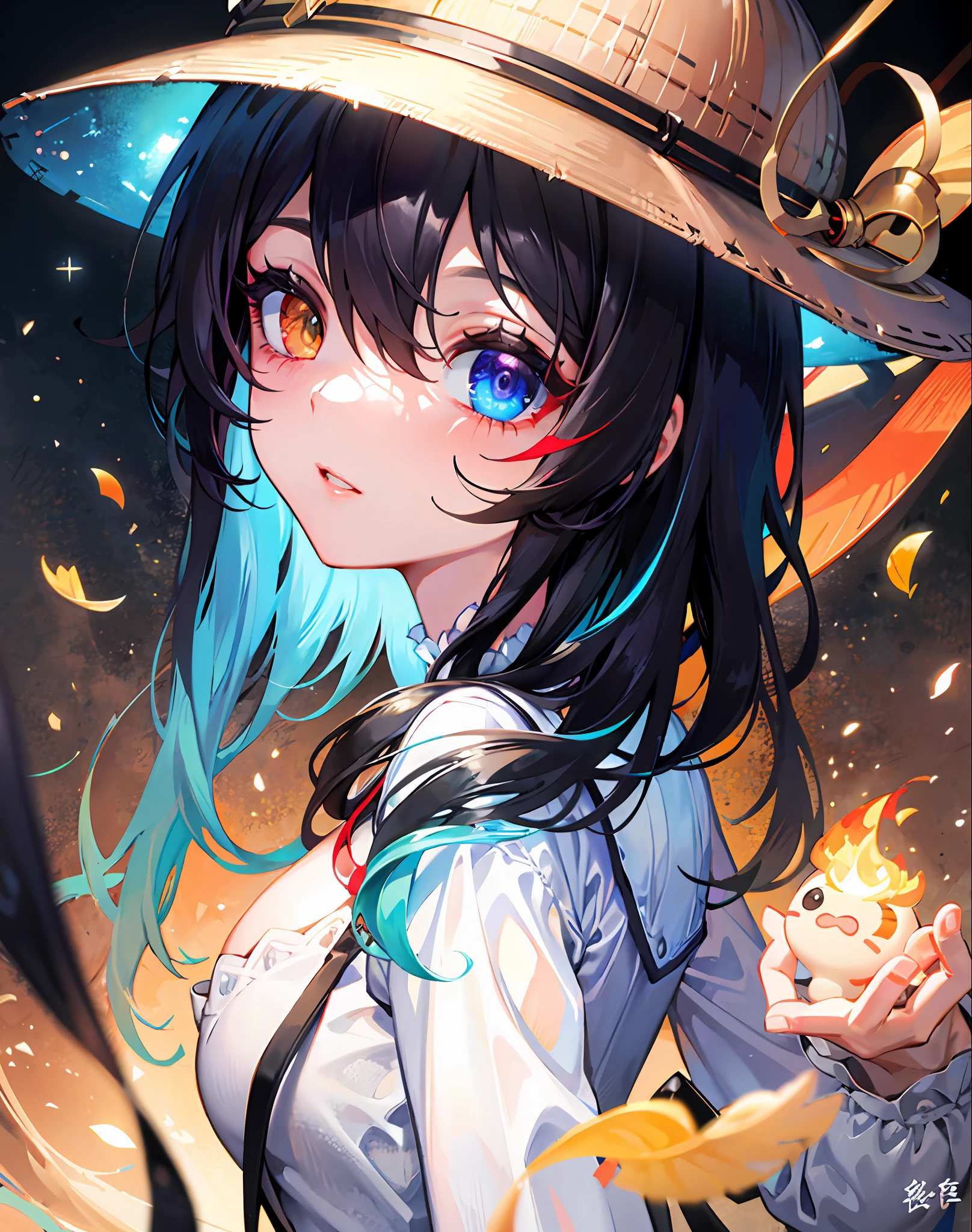 {{Masterpiece}}，Best quality at best，Very detailed CG unity 8K wallpaper，电影灯光，lens flare glow，beatiful detailed eyes，black in color，side looking，multicolour hair，Colorful light，particulate，Heterochromia，（a color：1.5），（The color hair:1.5)