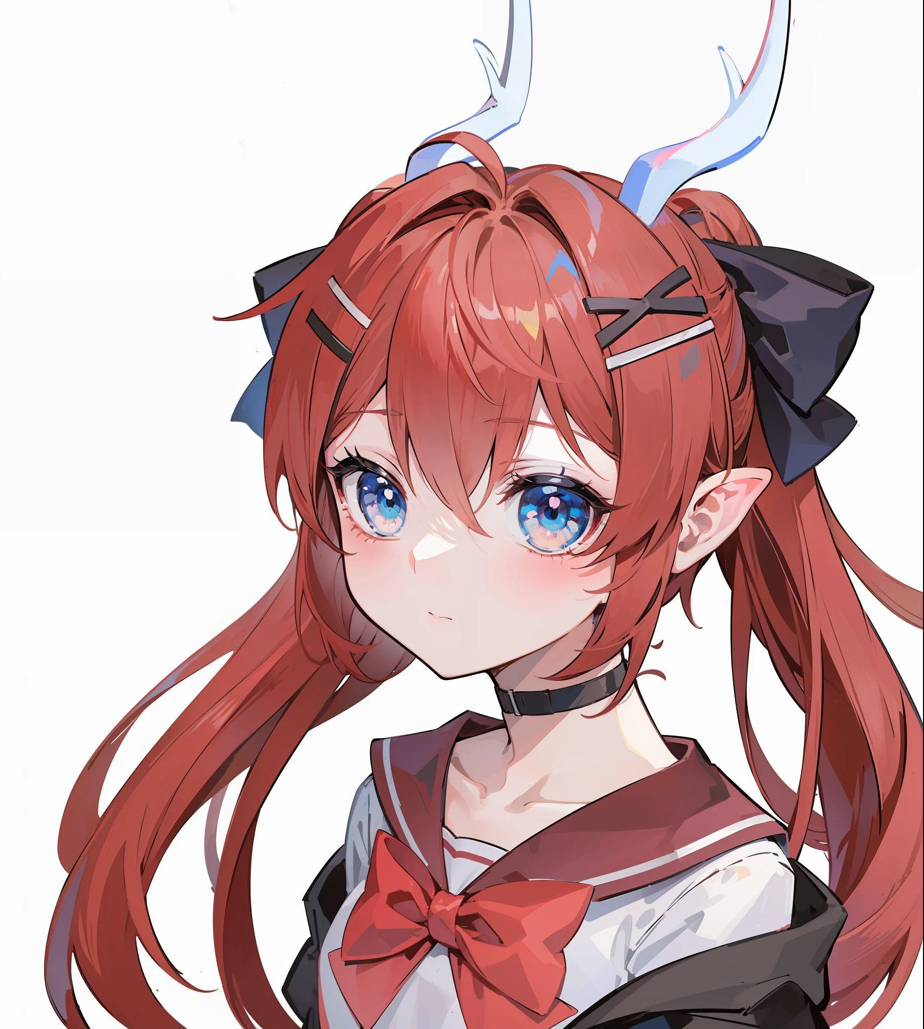 ((masterpiece, best quality)),(illustration),(detailedlight),red hair,blue eyes,coat,serafuku,bow,,Dragon horns,litte,Twintails