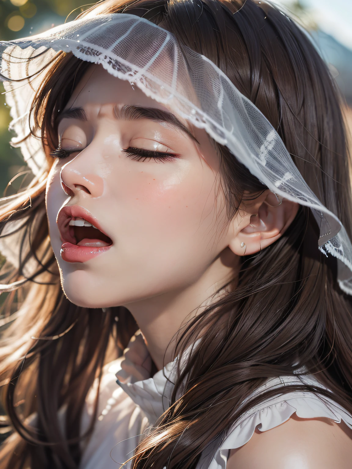 (Close eyes):2.0, (Open mouth):1.5 Real、8yk、Raw photo、(masuter piece)、(top-quality)、Hi-Res、（（Looking Up)）(girl with)、(realisitic、Photorealsitic:1.2), Upper body、Sleeveless、skinny、14years、small tits、Eyes closed、Deep sadness、Sorrow、look up sky、Open mouth、screeming、Trem lotado、Background blur