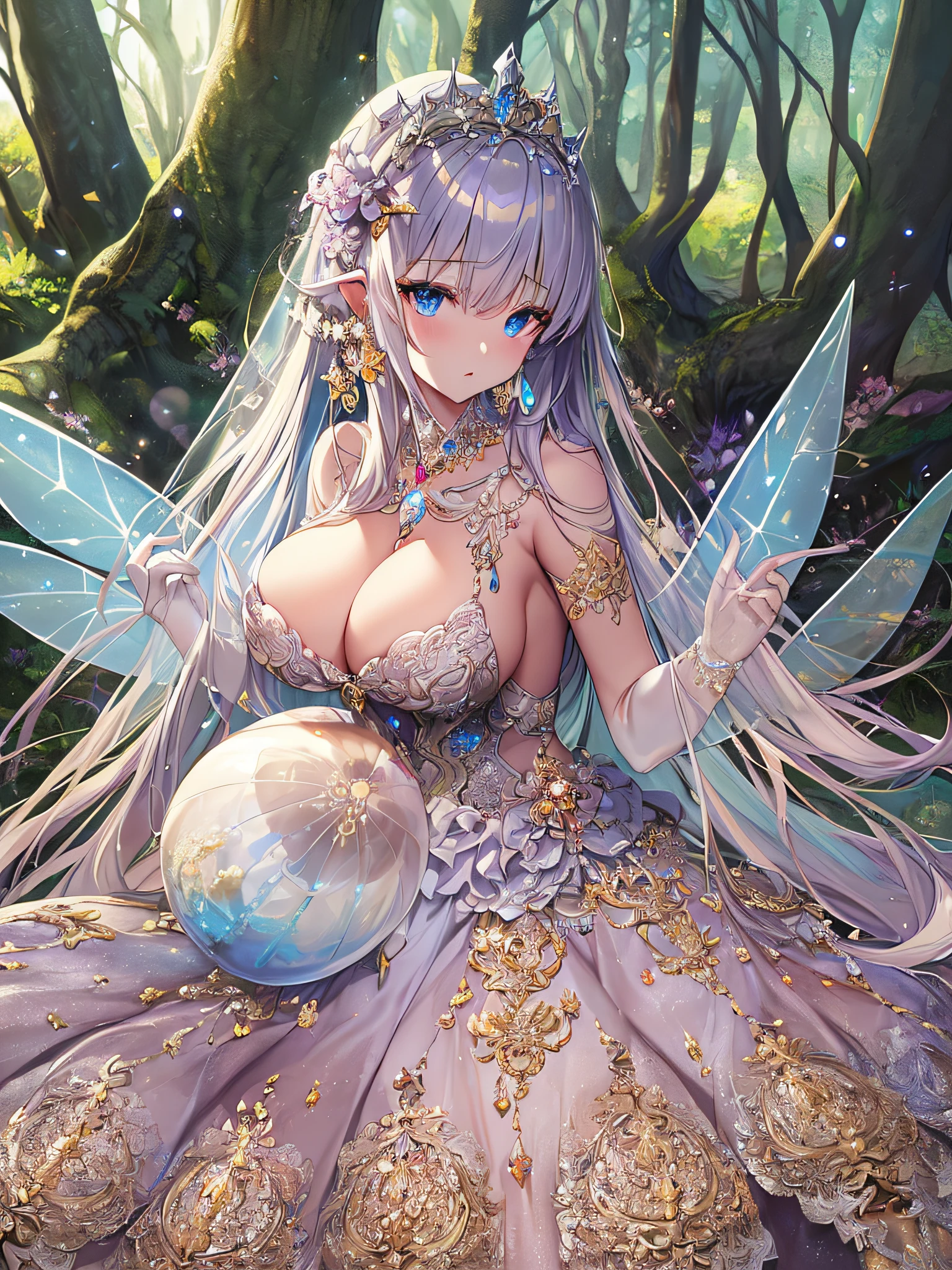 ((anime artstyle)),(Masterpiece),(Best Quality), (Super Detail),((Very Delicate and Beautiful)),Focus on character,Dynamic Angle,Looking at viewer,((Solo)),standing,((full body)),((one fairy tale princess in gorgeous ball gown with voluminous skirt)),detailed face and eyes,(fairy wings),jewel-like eyes,((Very Long voluminous Hair)),gorgeous embroidery and lace,See-through,ornate ruffles,(Gorgeous jewelry ornaments),luxury hair ornament,luxury tiara with jewels,(gigantic breasts,Long breasts),(outdoor,fairy tale forest),fairy tale atmosphere,full body,(((jeweled gorgeous ball gown with voluminous skirt))),