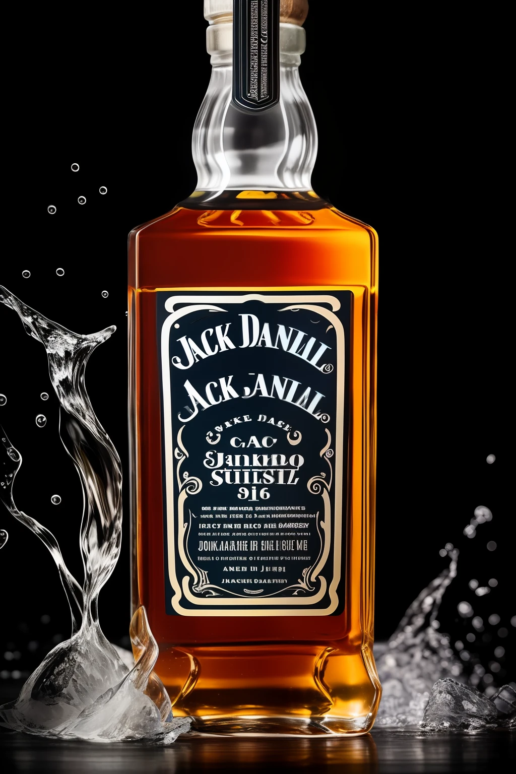 Bottle of Jack Daniels Whiskey, the drink is being poured into a crystal glass with ice, Jack Daniels Whiskey product photography, studio background, studio lighting, splashing, delicious.
