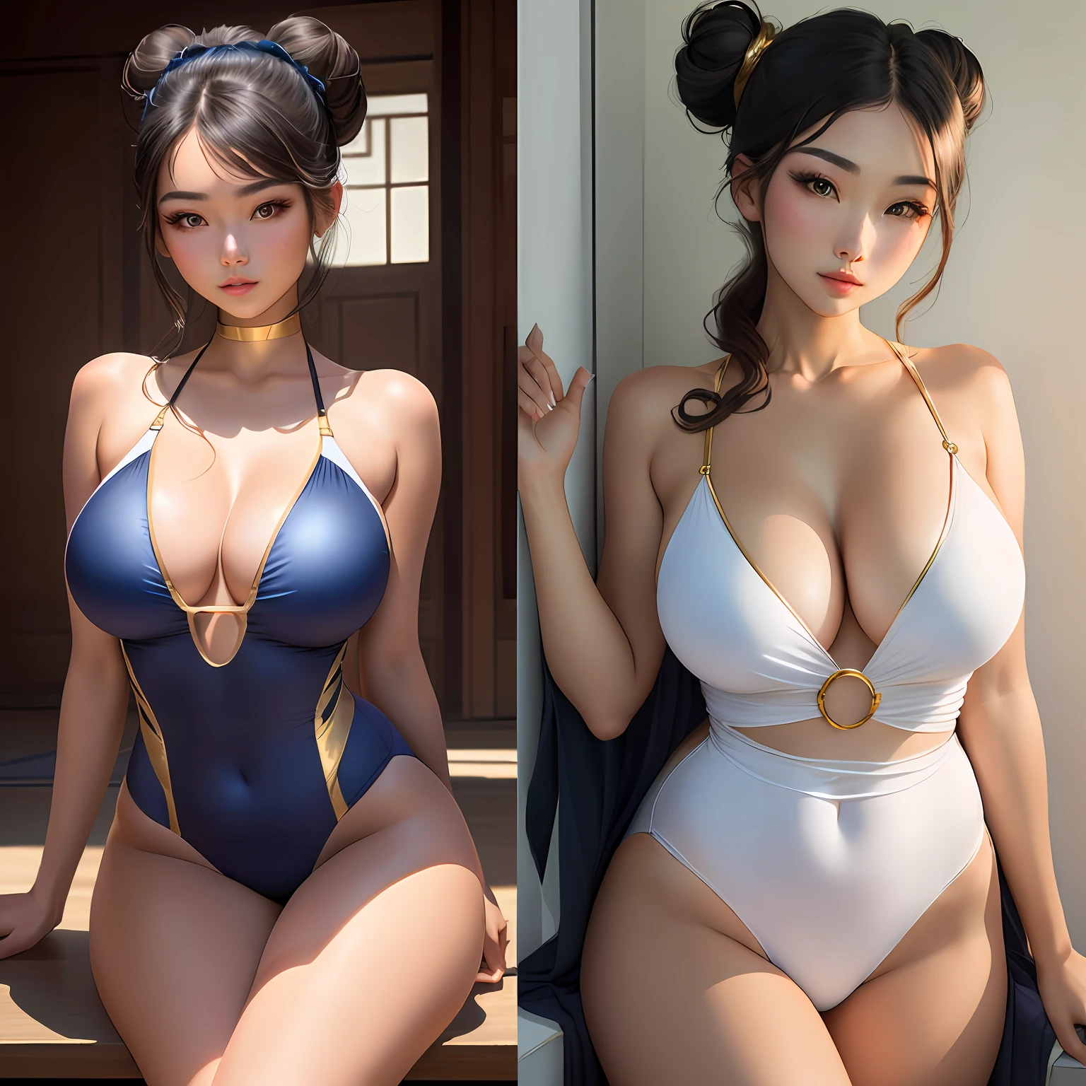 One girl with beautiful face like Laneya Grace (realistic) (very detailed). She has chinese hairstyle, with two half-top knot with golden straps. He has hourlass body shape with gigantic breasts. She is in blue swimsuit like dress
