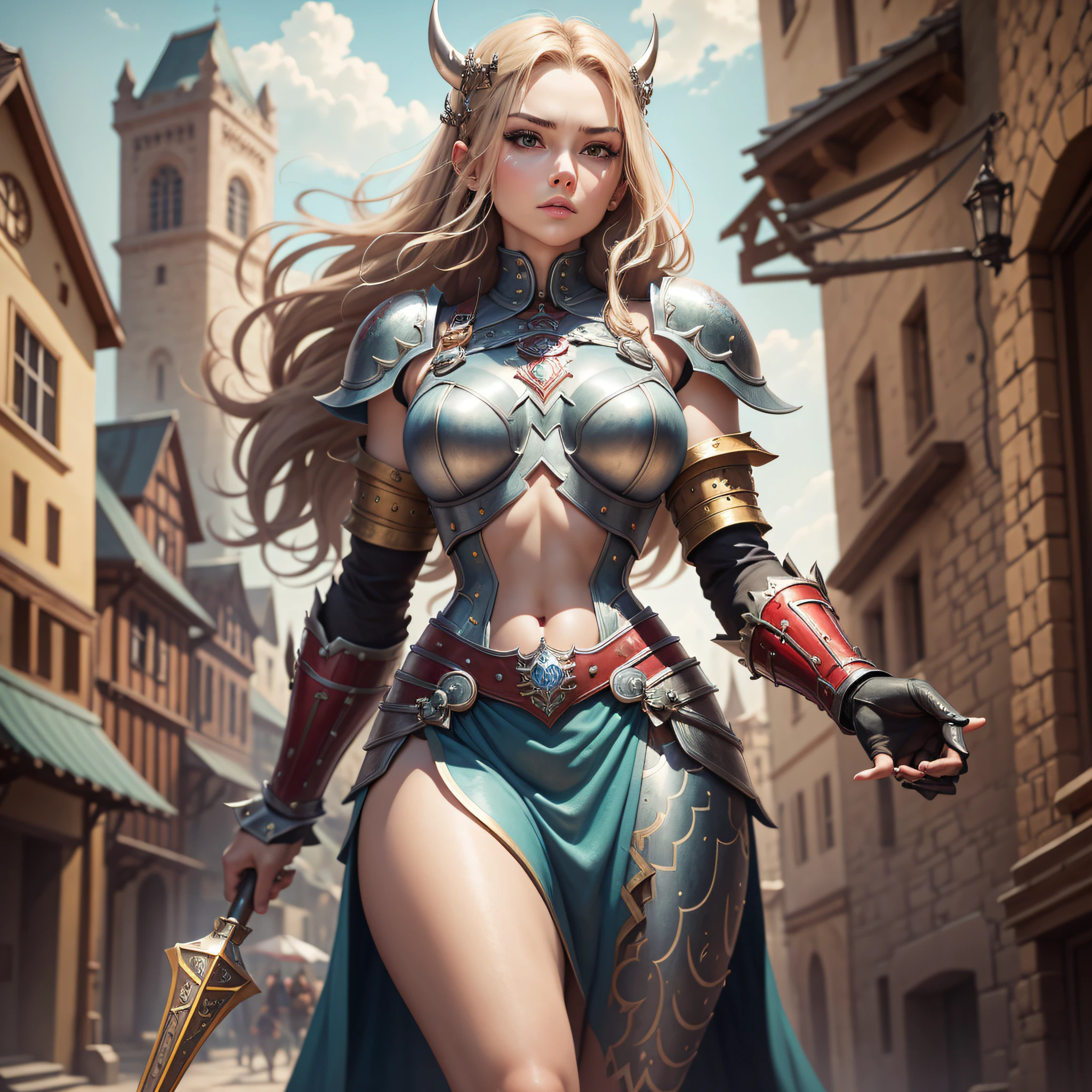 A European girl, heavy makeup, heroic and sassy, blue-purple eyes, light blonde shawl long hair, golden gorgeous armor, medieval armor carving, red phoenix gilded cape, gold garland headdress, full body photo, makeup, depth of field, panorama, polar opposites, (Movie Photo: 1.3), (Reality: 1.3), (Romance: 1.3, Masterpiece, Lee Jeffries' Award Winning Photo, Nikon D850 Film Stock Shot, Kodak Portra 400 Camera F1.6 Lens, Very Detailed, Amazing, Fine Detail, Rich Colors, Ultra-Realistic Realistic Textures, Dramatic Lighting, Unreal Engine, Trending at Artstation, CineStill 800 tungsten light, looking at the audience, photo realistic, RAW photos, TanvirTamim, High quality, High resolution, Sharp focus, Very detailed, Cinematic lighting, 8k uhd, Highly detailed, (Crystal Cubism: 1.3), (Magical Realism: 1.3), (Realism: 1.3), Ultra Detailed, Detailed, by Clarence Holbrook CArter, by Ed Emshwiller, CGSociety, ArtStation competition winner, ArtStation Trends, DeviantArt competition winner, Fallout