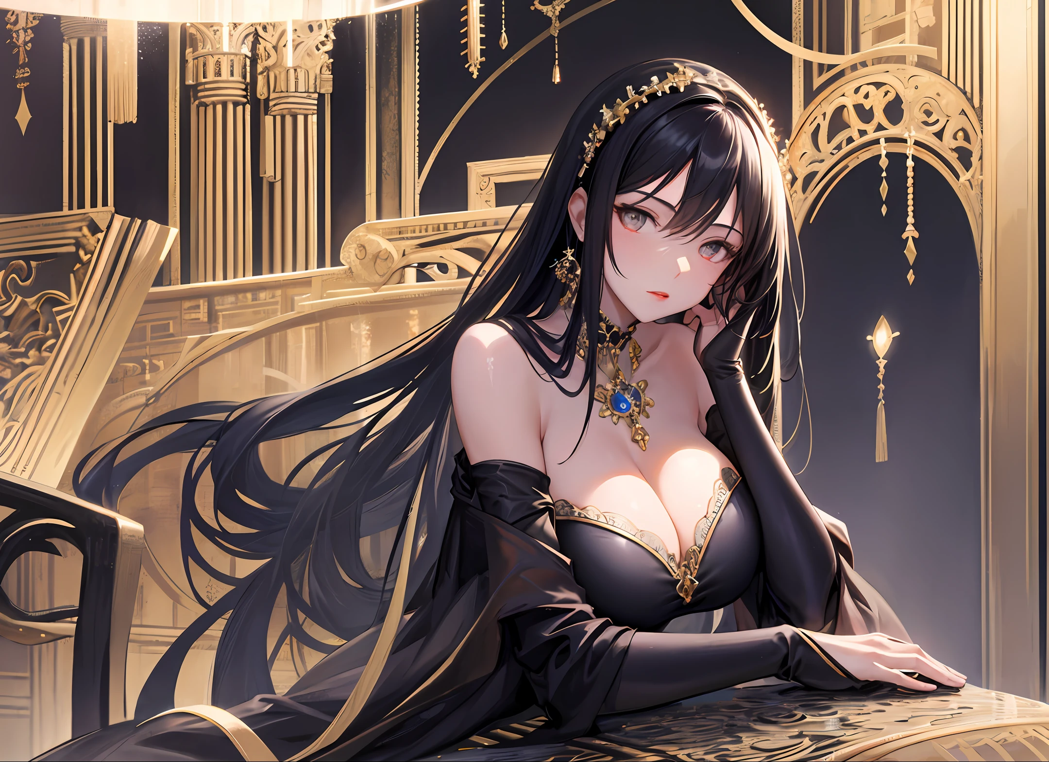 1girl, bare_shoulders, black_hair, , brown_eyes, cleavagrbone, detached_sleeves, dress, earrings, indoors, jewelry, large_breasts, lipstig_hair, looking_at_viewer, off_shoulder, red_dress, sitting, solo, wide_sleeves,Stunning beauty