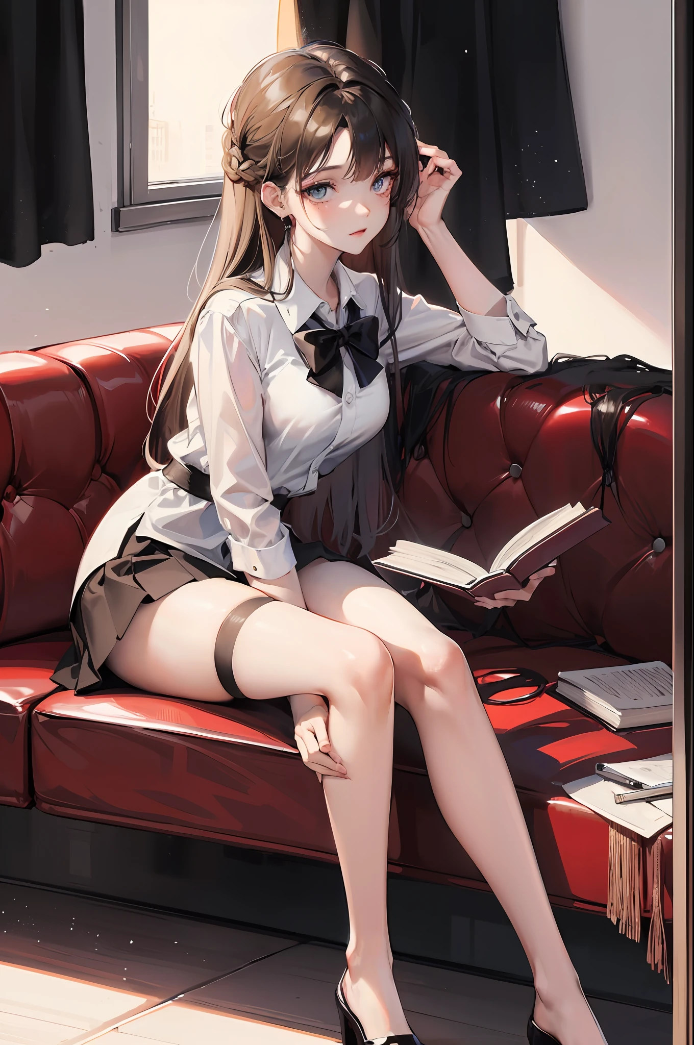 best qualtiy,Need,delicated,tmasterpiece,rich colourful,Fine details,brunette color hair,straight long hair,middle parted bangs,Fair skin,School Classroom,Super refined,Medium build,Sit on a single sofa,Reading a book,Coordination of the five senses,Beautiful looks,Beautiful eyes,White color blouse,black cloaths,black short skirt,black lence stockings,Jirou legs,Slender and well-proportioned legs,teens girl,high and cold,Beautiful eyes,Light in the eyes