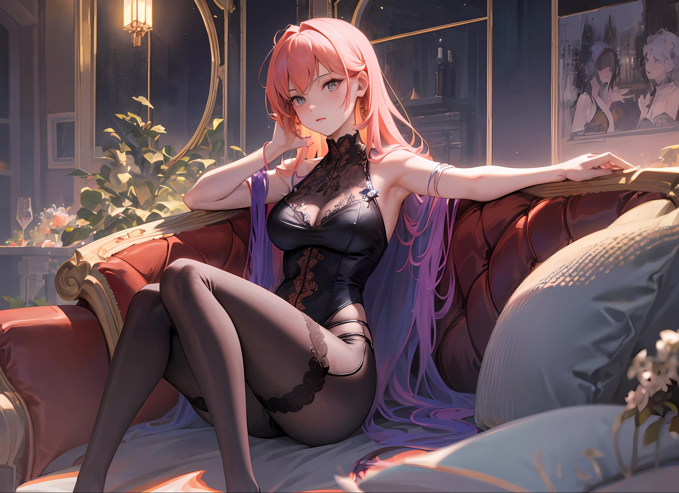 Royal Sister,A pink-haired,Transparent white jumpsuit,blacksilk,high-heels,Breasts are plump,Lie down in bed,Hands scratching your chest