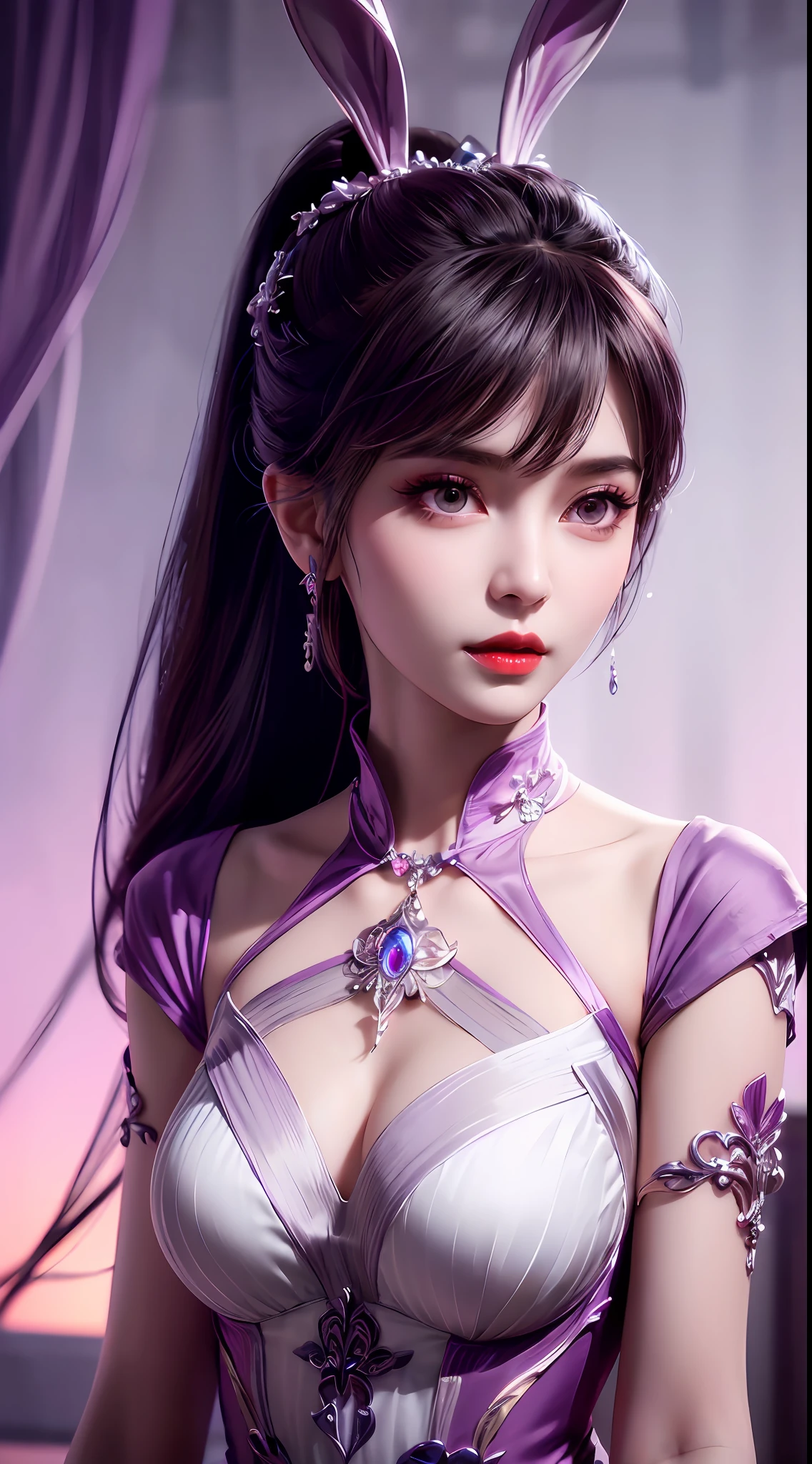 1 very beautiful girl in hanfu dress, thin purple silk shirt with many white motifs, white lace top, long bangs and long ponytail in purple platinum, gorgeous hair jewelry, pretty face and cute, flawless face, earring jewelry, light purple bunny ears, neck jewelry, big purple eyes drawn meticulously, meticulous makeup, thin eyebrows, high nose, red lips pretty, no smile, pursed lips, rosy cheeks, wide breasts, big breasts, well-proportioned bust, slim waist, purple mesh socks, Chinese hanfu style, fictional art patterns, vivid colors and legs real , RAW photo, realistic photo, ultra high quality 8k surreal photo, ultra image, (fantasy light effect: 1.8), 10x pixels, magic effect (background): 1.8), super detailed eyes , beautiful girl upper body portrait, girl alone, ancient hanfu background, looking directly at the audience, wide original photo, 8k quality, super sharp, most detailed and clear picture, detailed light background,