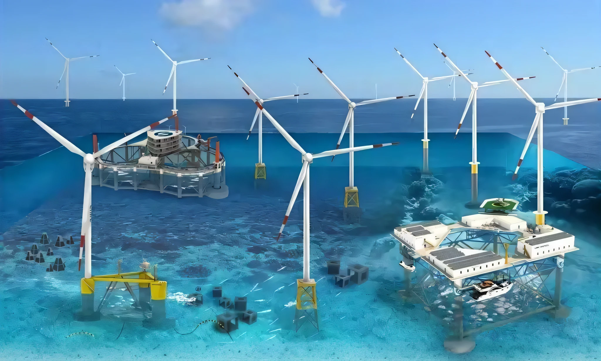 A set of wind turbines floating in the ocean,Next to it is a boat, Offshore wind, renewable energy, floating power cables, , Wind turbines, true realistic image, future-tech, clean energy,Cages for marine farming