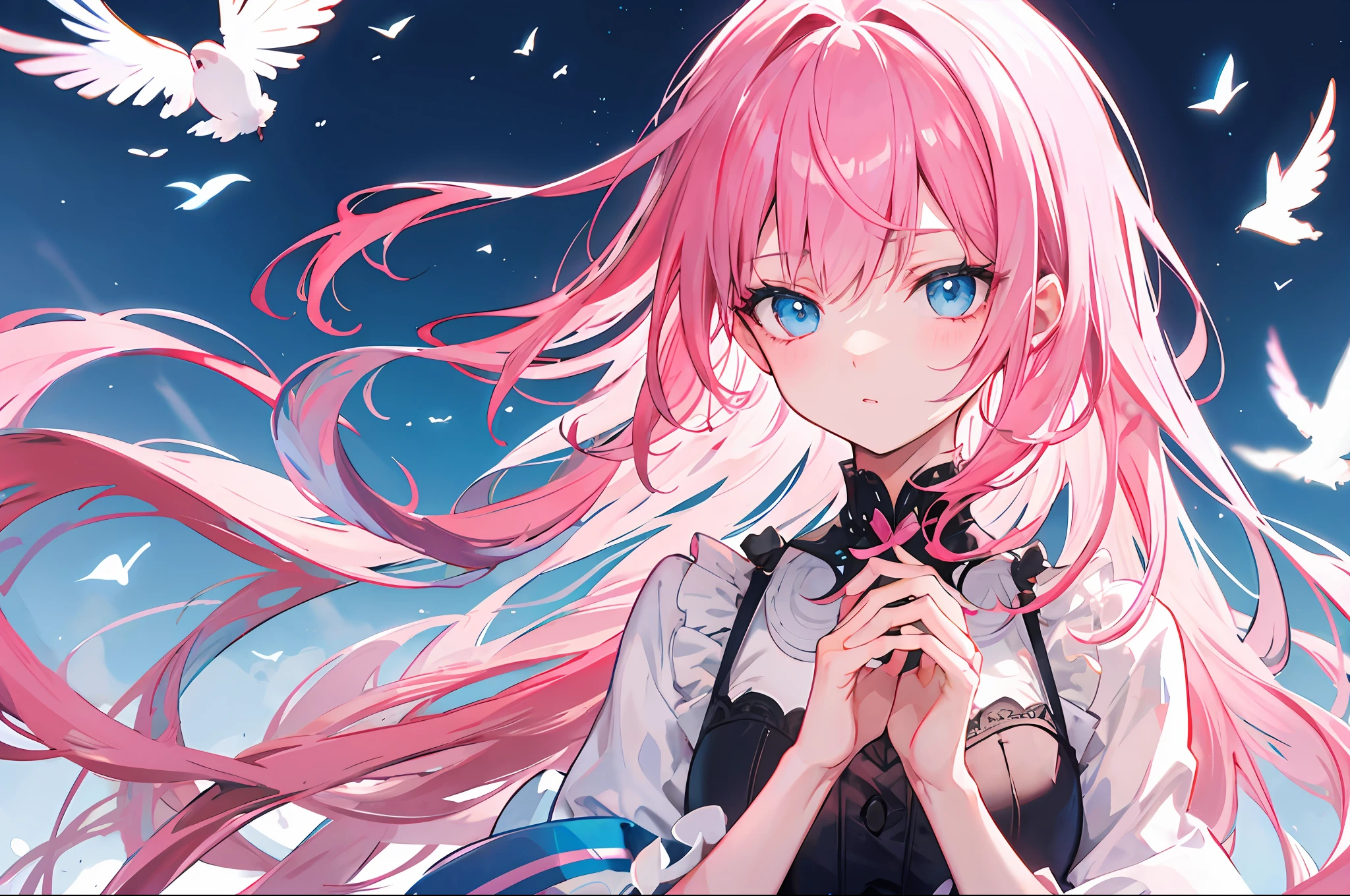 Long pink hair Blue eyes Swallow in hand