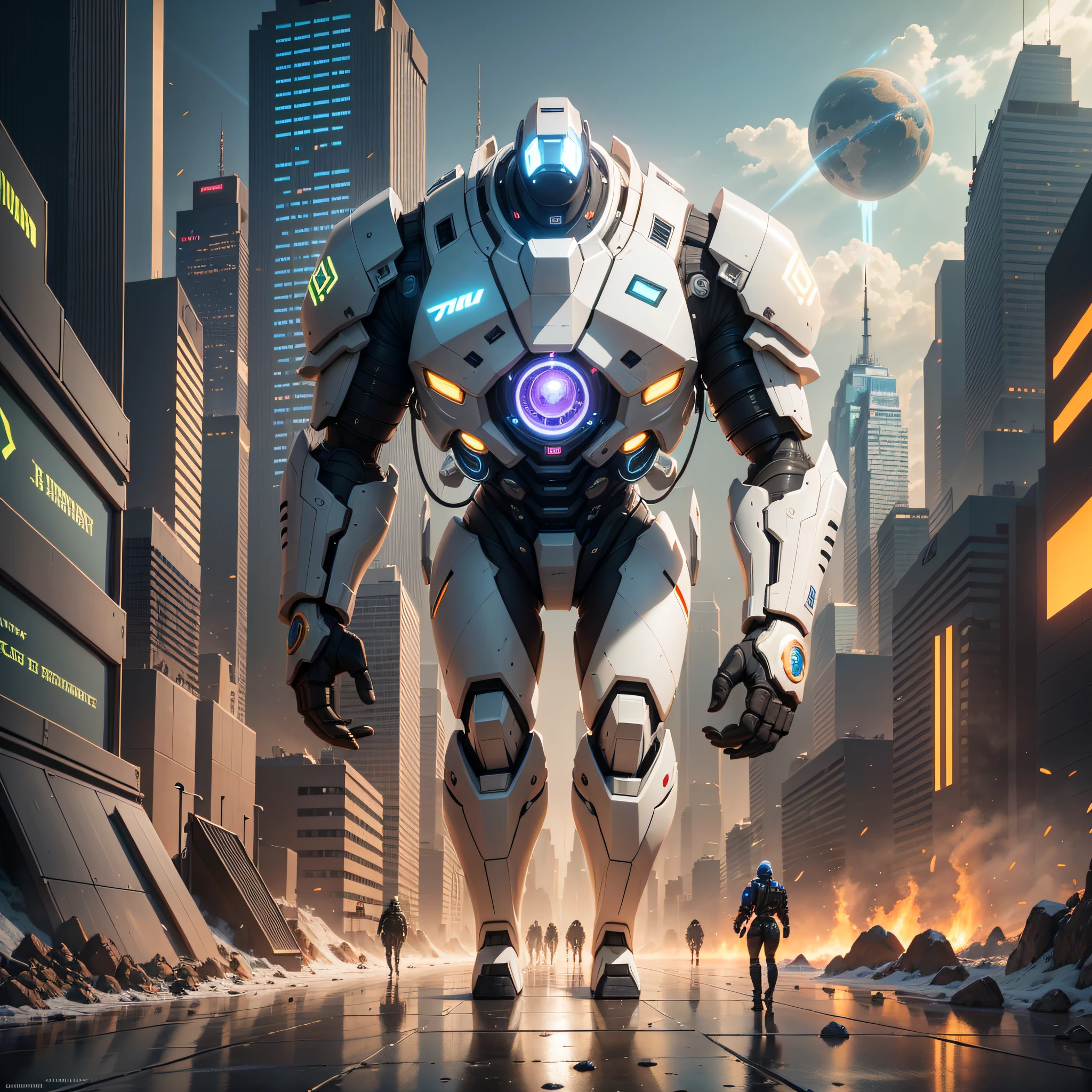 "(4K professional-grade graphics,Modern ultra-modern style,Epic flying war scenes);(Terrans and cyborgs),High-tech realism(Imagine a detailed battle between human mechanical cannons and mechanical soldiers and cyborgs),Partially emphasized,Strong sense of design,Optimal lighting and shadow effects and atmospheric performance;(Alien mechanical zerg)(Long claws+Purple light,eerie+The mystery is strong!)。Expand the screen field of view,Future technology city,Extremely shocking,Epic scenes!City-based,Characters as auxiliaries,Small characters,Big building,The number of characters is large。" --auto