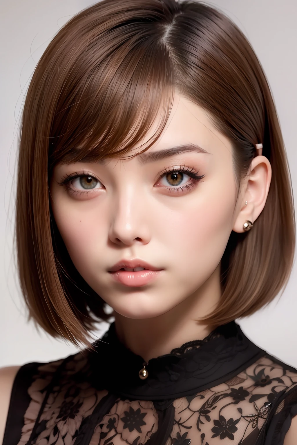 brunette color hair, short detailed hair, eye shadows,