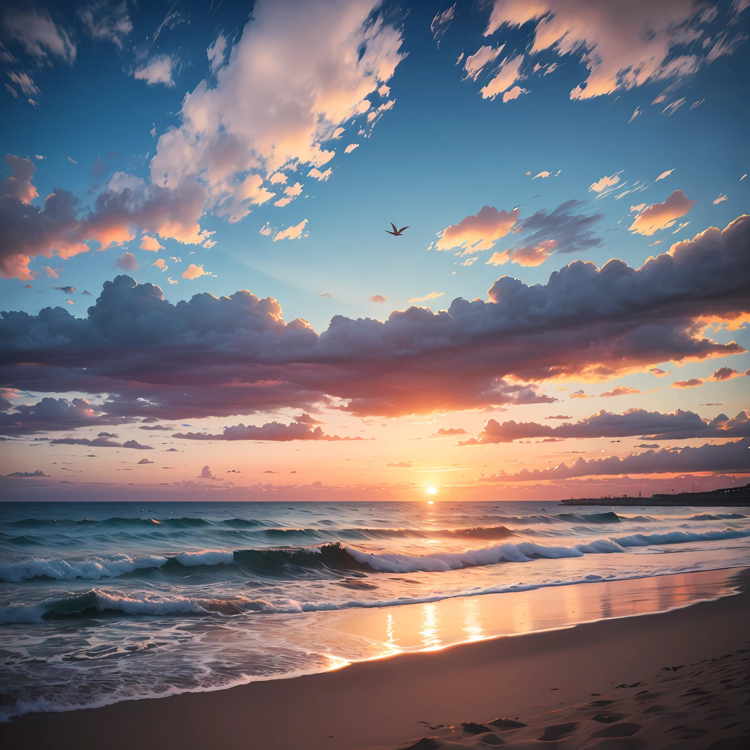 /imagine prompt: color photo of: Sunset Beach,

There are several clouds in the sky，The sun has begun to set，The sound of waves crashing on the beach，Some seagulls are flying，

The atmosphere is quiet and peaceful，It is as if you can hear the sound of the waves and the wind on the beach --auto