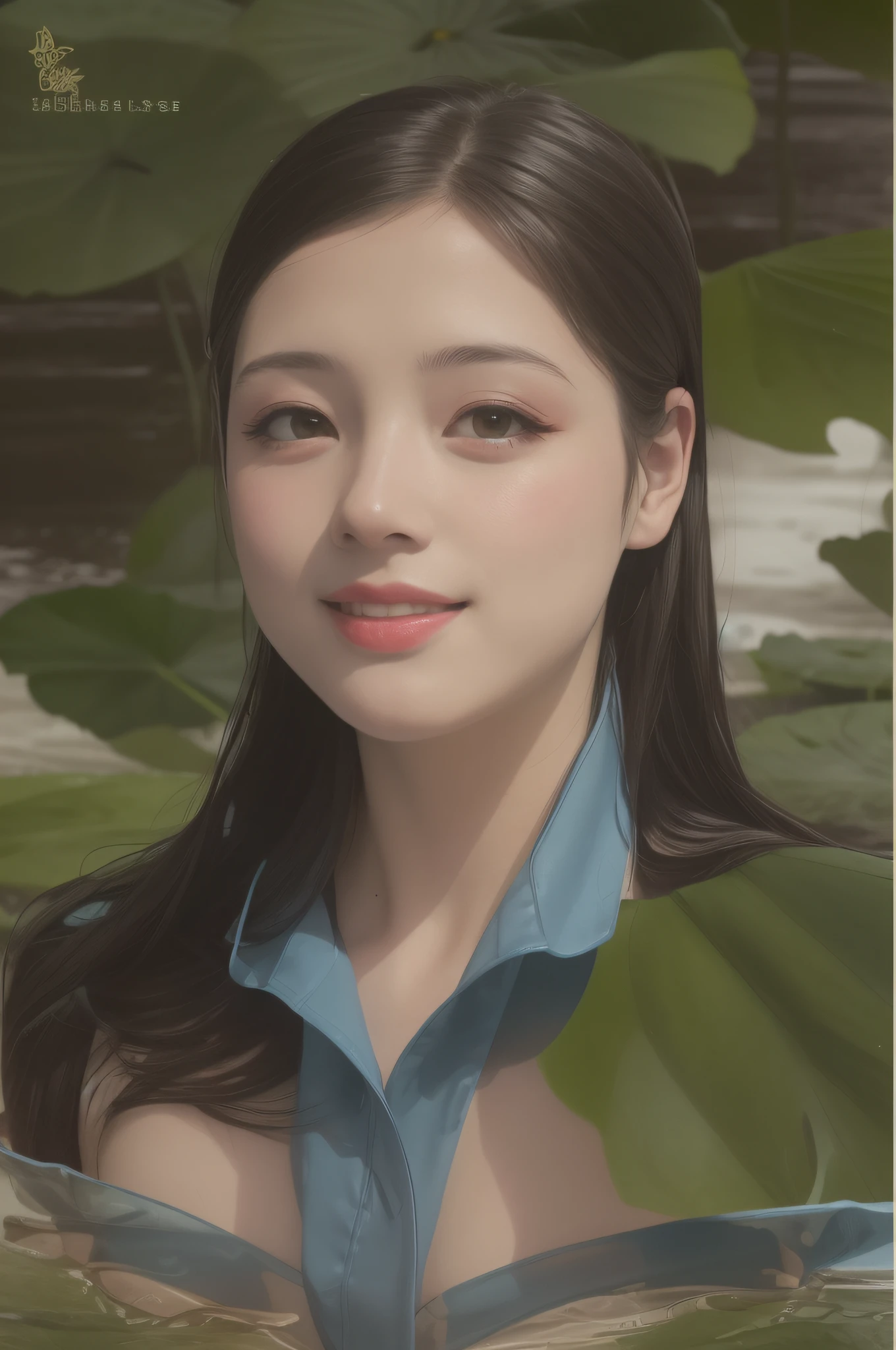 ((4k,masterpiece,best quality)), shuimobysim, traditional chinese ink painting, lotus, hanfu, maxiskit, dress conservatively 1girl, solo, long blue hair, smile, standing, feet in the water, barefoot,