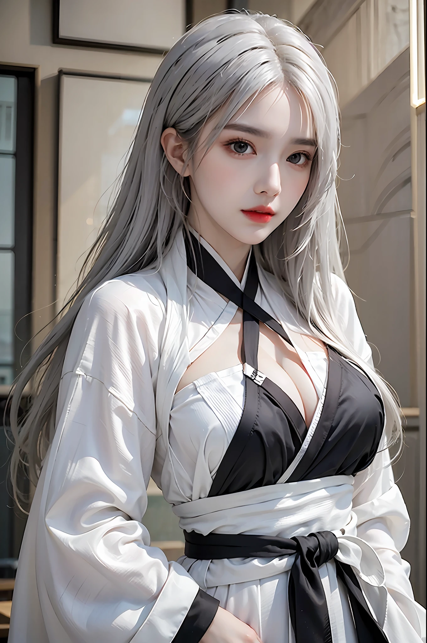 photorealistic, high resolution, 1 girl, waist up, white hair, Long Hai, black eyes, chinese style, hanfu, normal breast
