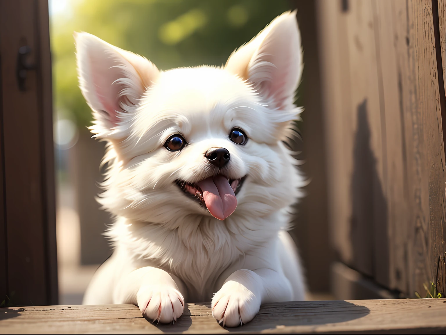 White Pomeranian，The ears are relatively large，The ears have yellow hairs，Happy expression，Stuck out the tongue --auto