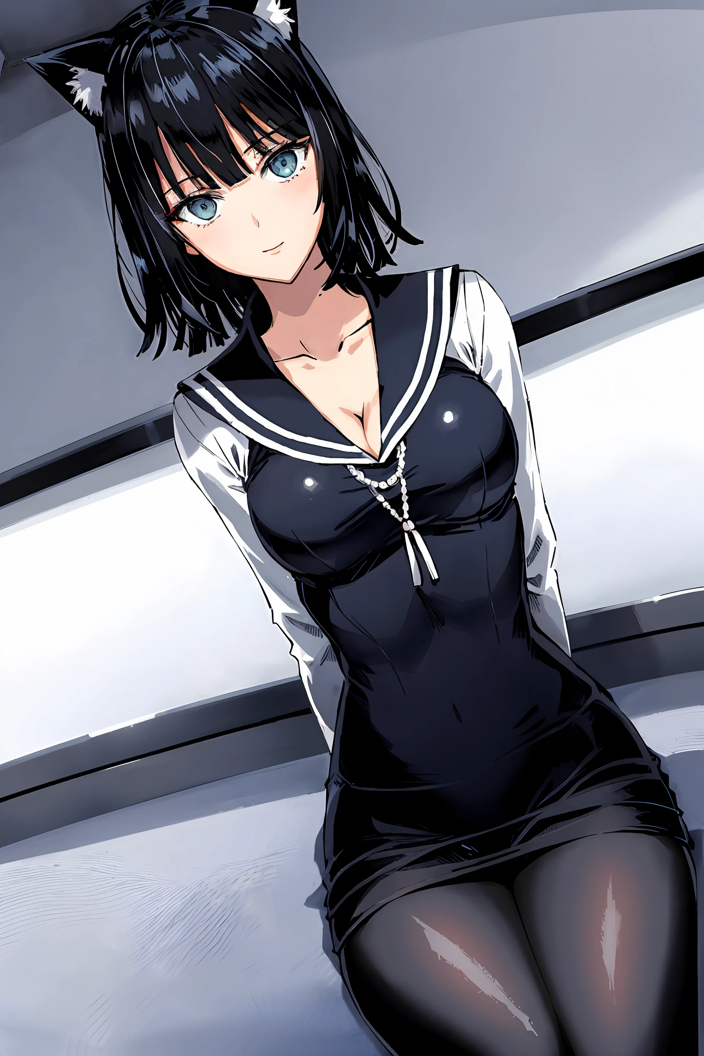 Home,cat ear,is shy,short detailed hair,cleavage,Superskirt,a sailor suit,Black tights