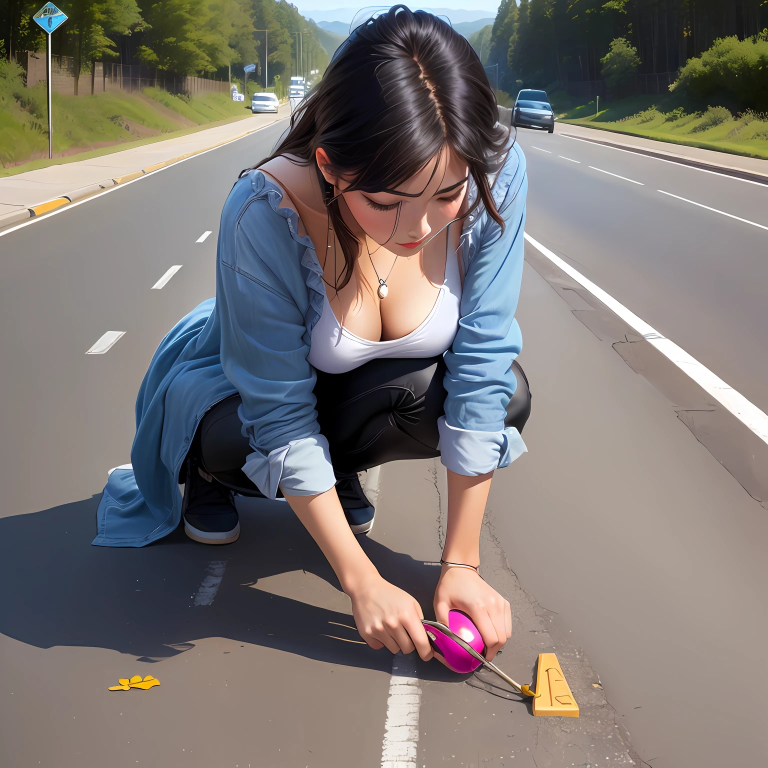 Loose neckline,Bend down and pick up something on the road