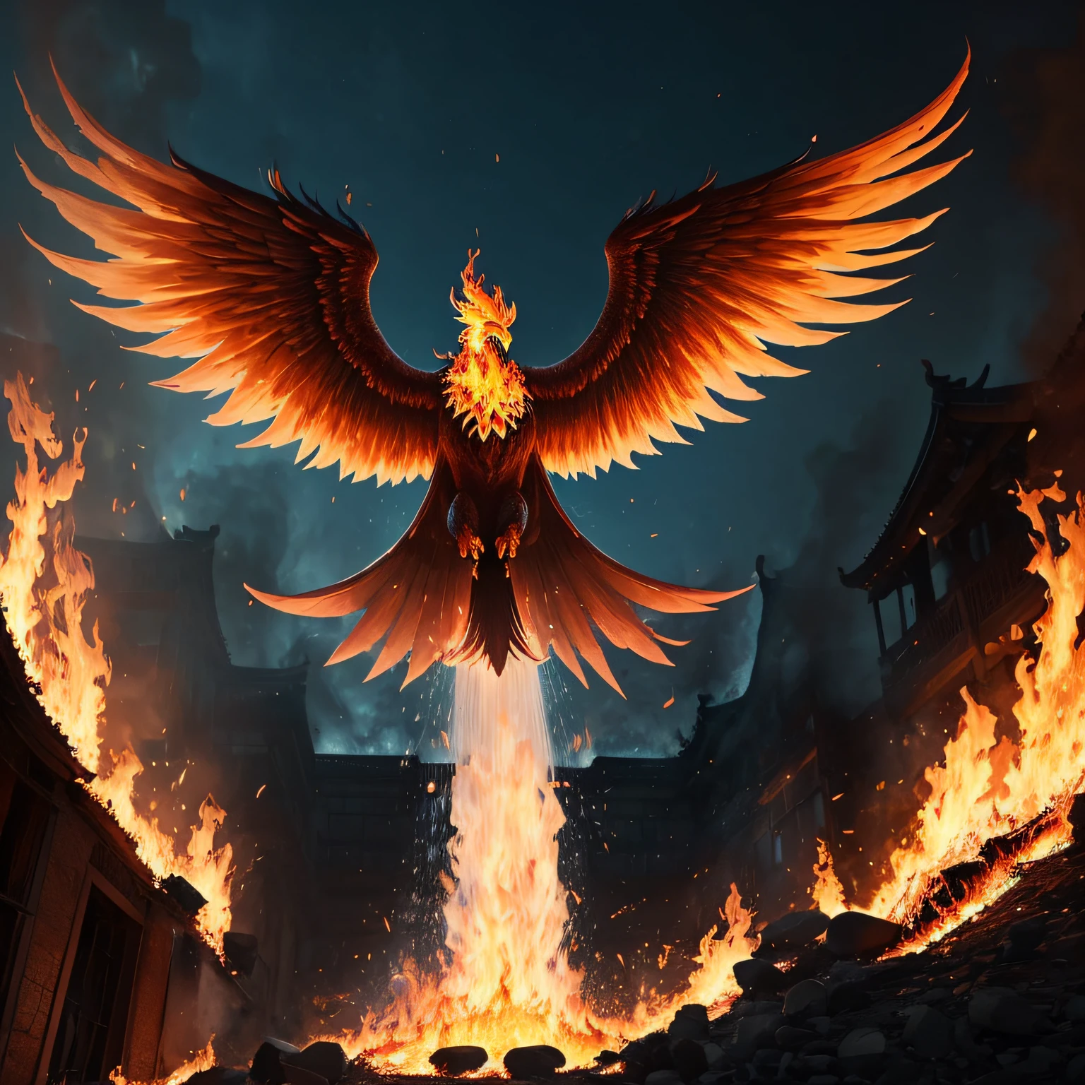 The giant phoenix soared after being cleansed by flames,Impressive,Full of shock, Fire surrounds him,Flames flew。 --auto