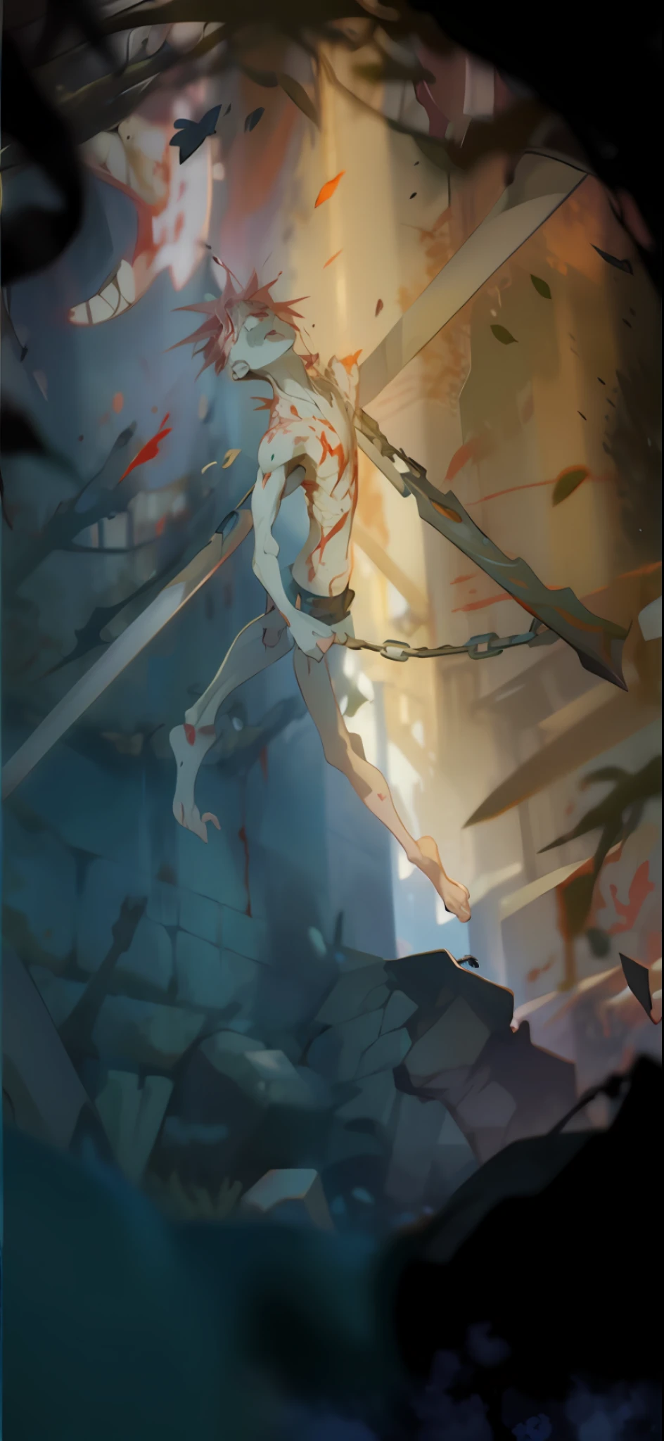 The man locked in hell,The body is pierced by a spear,Blood,background of hell. gore, yandere intricate, speedpaint, blurry and dreamy illustration, trigger anime artstyle, Icarus fell from the sky, magical aura of insanity, Yandere. Tall, drawn with photoshop