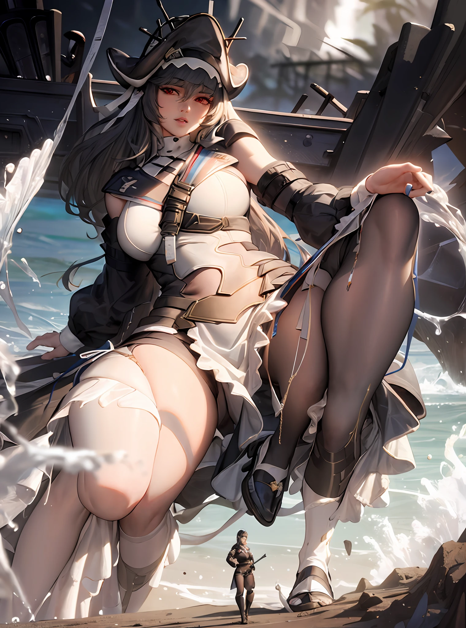 There is a woman in a bikini posing in the building, extremely detailed goddess shot, highly detailed giantess shot, Metal bikini, Japanese goddess, Loish et WLOP, sakimichan hdri, Bikini + tattered military gear, mighty princess of the wasteland, thick smooth warframe thighs, extremely detailed giantess shot, wlop and ross thran