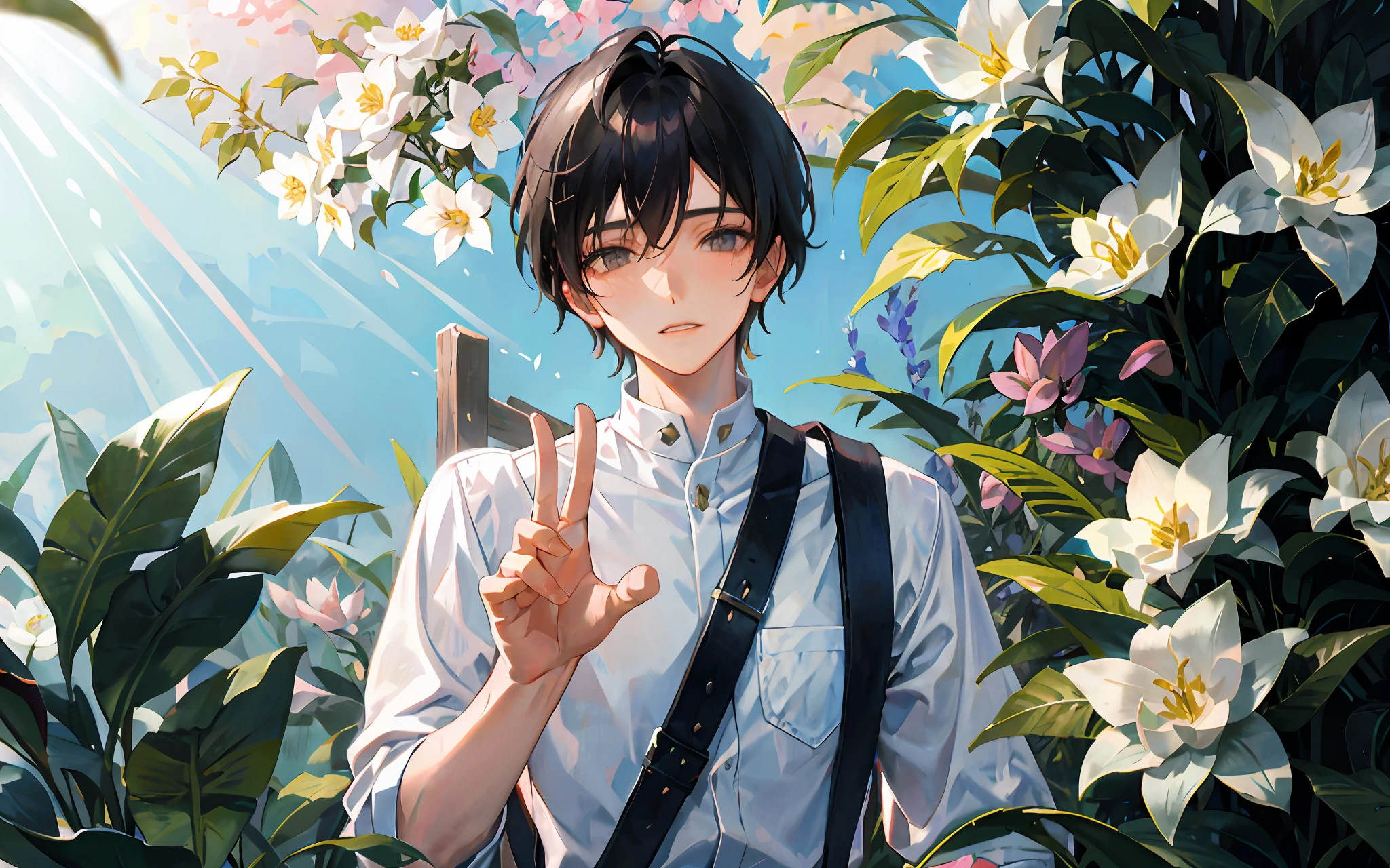 Seventeen or eighteen-year-old boy Fresh and clean Greeting the rising sun, the fine sunlight sprinkled on his face, his fingers lightly touched the thick leaves of magnolia flowers