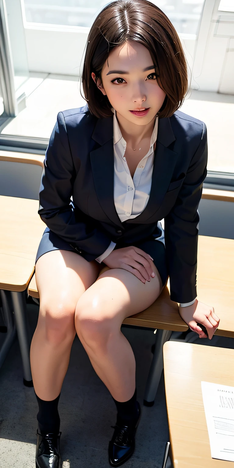 ((8k, RAW photos, top quality, masterpieces), high-definition RAW color photos professional close-up photos, (realistic, photorealism: 1.37), (highest quality), (best shadows), (best illustrations), collarbones ((big)), ((erotic, sexy, ultra high resolution, high-definition CG unified 8K wallpapers, physically based rendering, movie lighting), (aegyo sal:1), 18 year old girl, (grey blazer, ribbon, socks, high school uniform: 1.2), high school classroom, beautiful detail eyes, light on the face, ((full body shot: 1.2)), especially strong light, (upper eyes, grinning smile:1.2),shiny skin, (((black hair, bob hair:1.2))), ( thick thighs), ulzzang-6500-v1.1:0.2, shy, (flash:1.2), NSFW , (puffy), ((seductive posture: 1.2, attractive: 1.2)), (idle), (sitting at a desk in classroom: 1.2)), ((good anatomy: 1.2)), ((bright and refreshing classroom, background blurred: 1.2)), perfect face, cute face, (high angle shot:1.2)
