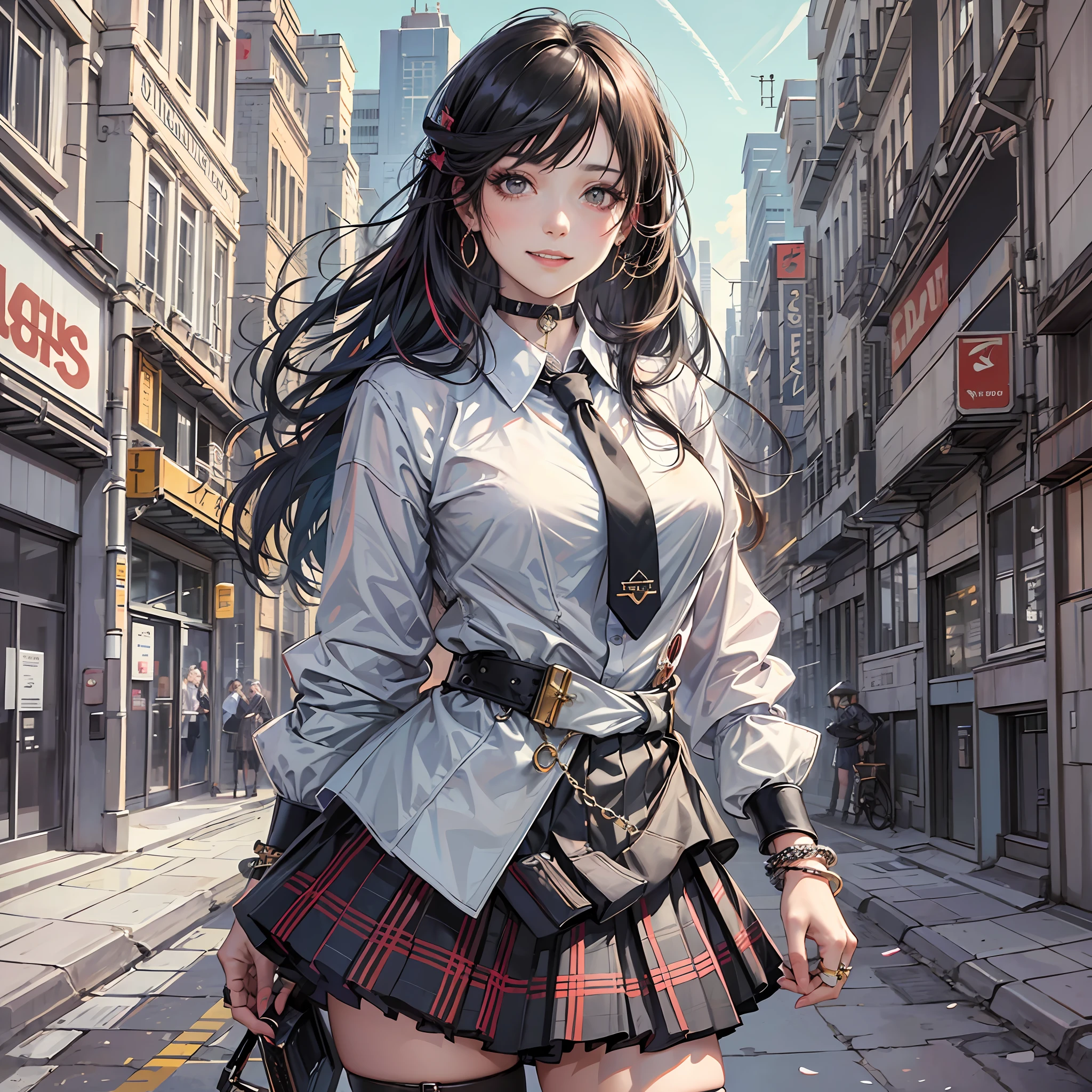 masterpiece, best quality, full body, 1girl, bangs, black choker, black necktie, black hair, blue skirt, blush, bracelet, breasts, choker, clothes around waist, collarbone, collared shirt, cowboy shot, dress shirt, ear piercing, eyebrows visible through hair, gradient hair, grin, gyaru, jewelry, kogal, long hair, looking at viewer, loose necktie, necktie, piercing, plaid, plaid skirt, pleated skirt, red eyes, ring, school uniform, shirt, skirt, smile, solo, white shirt, street, sky, cherry blossoms, petals,illustration, (magazine:1.3), (cover-style:1.3), fashionable, woman, vibrant, outfit, posing, front, colorful, dynamic, background, elements, confident, expression, holding, statement, accessory, majestic, coiled, around, touch, scene, text, cover, bold, attention-grabbing, title, stylish, font, catchy, headline, larger, striking, modern, trendy, focus, fashion, --auto