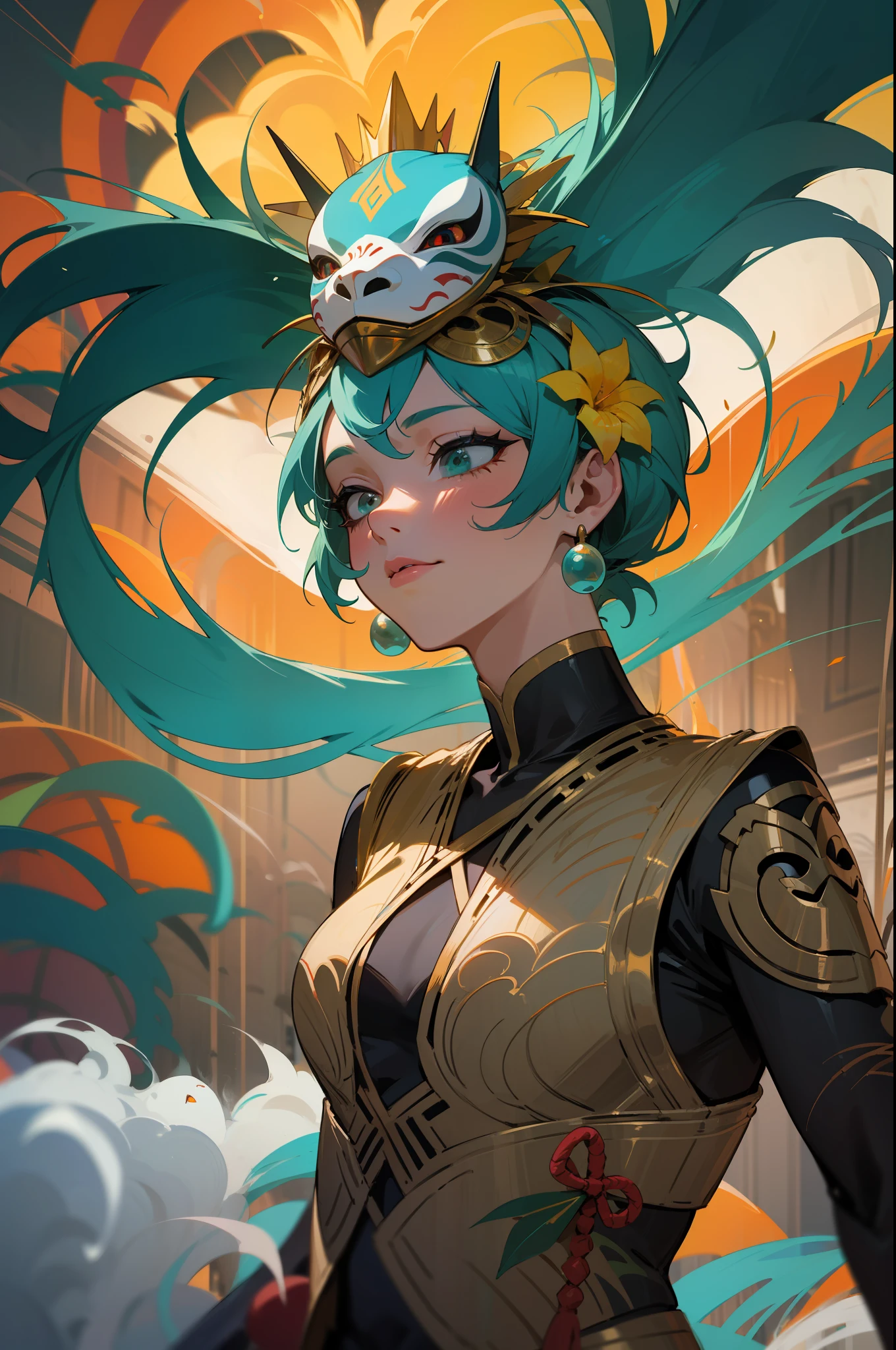 Brazilian Carnival. Emerges from yellow smoke :: at the head of the carnival, a Brazilian woman in colored feathers:: surrounded by a troupe of acrobats performing in costumes, in turquoise porcelain masks and black costumes, smoke acrobatic performance, dynamic gymnasts :: African king of mischief :: procession makes its way through the tropical streets dan mumford digital art, behance hd, apocalypse art, dvd --auto --s2