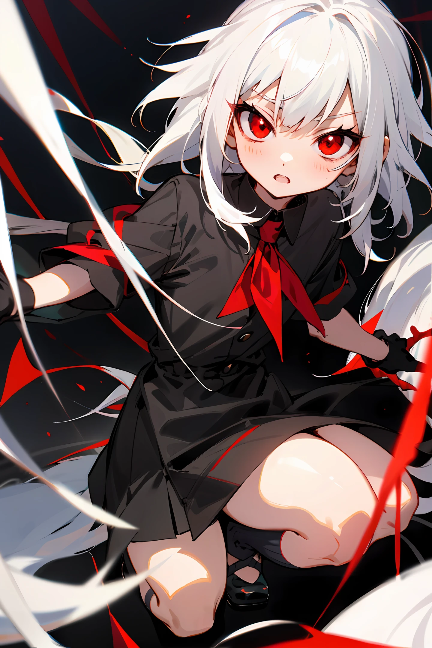 White hair and red eyes，Black silk pedal socks，goth loli，Anime style
