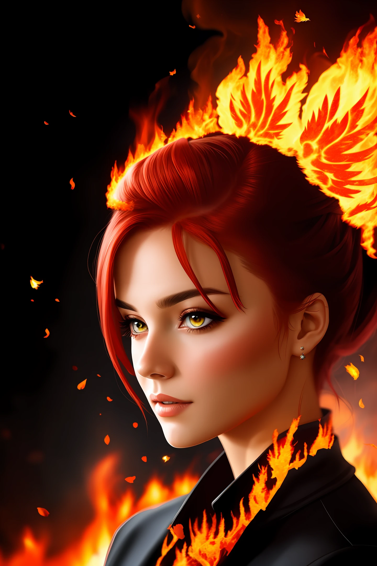 Red-haired beauty，There are flames all around，There is a phoenix icon on the forehead