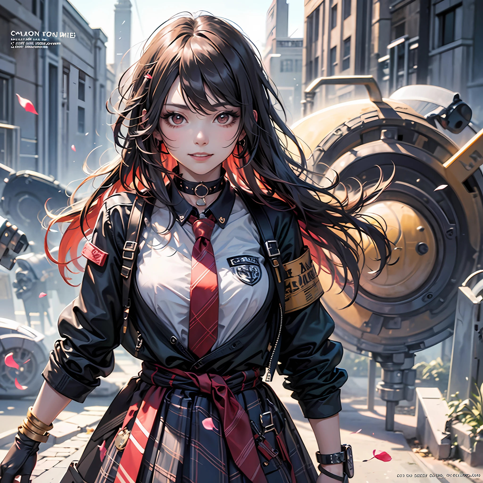 masterpiece, best quality, full body, 1girl, bangs, black choker, black necktie, black hair, blue skirt, blush, bracelet, breasts, choker, clothes around waist, collarbone, collared shirt, cowboy shot, dress shirt, ear piercing, eyebrows visible through hair, gradient hair, grin, gyaru, jewelry, kogal, long hair, looking at viewer, loose necktie, necktie, piercing, plaid, plaid skirt, pleated skirt, red eyes, ring, school uniform, shirt, skirt, smile, solo, white shirt, street, sky, cherry blossoms, petals,illustration, (magazine:1.3), (cover-style:1.3), fashionable, woman, vibrant, outfit, posing, front, colorful, dynamic, background, elements, confident, expression, holding, statement, accessory, majestic, coiled, around, touch, scene, text, cover, bold, attention-grabbing, title, stylish, font, catchy, headline, larger, striking, modern, trendy, focus, fashion, --auto