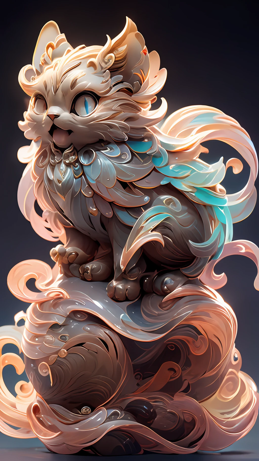 in the shape of a cat,Bling background,Dreamy colors,Transparent statue,florals,Big eyes,orange colors,Open-mouthed,laughingly,tmasterpiece,(best qualtiy:1.3), full bodyesbian,Ling_Long