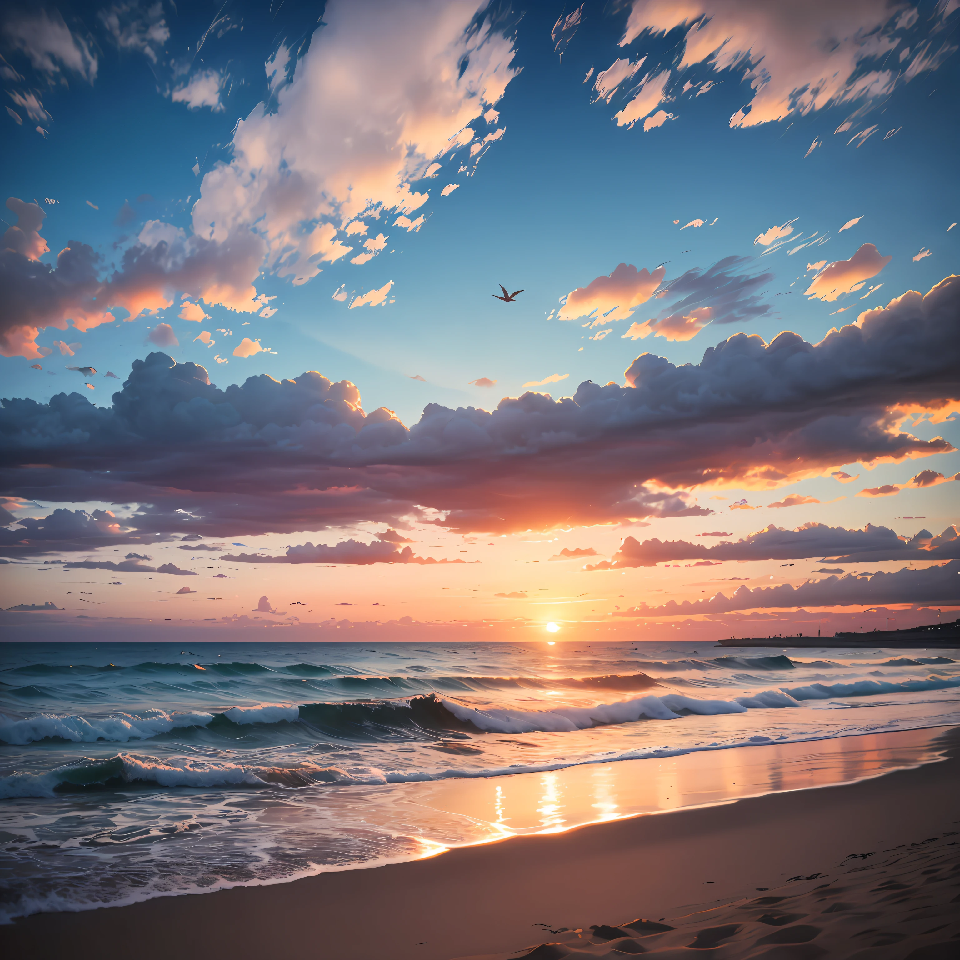/imagine prompt: color photo of: Sunset Beach,
There are several clouds in the sky,The sun has begun to set,The sound of waves crashing on the beach,Some seagulls are flying,
The atmosphere is quiet and peaceful,It is as if you can hear the sound of the waves and the wind on the beach --auto